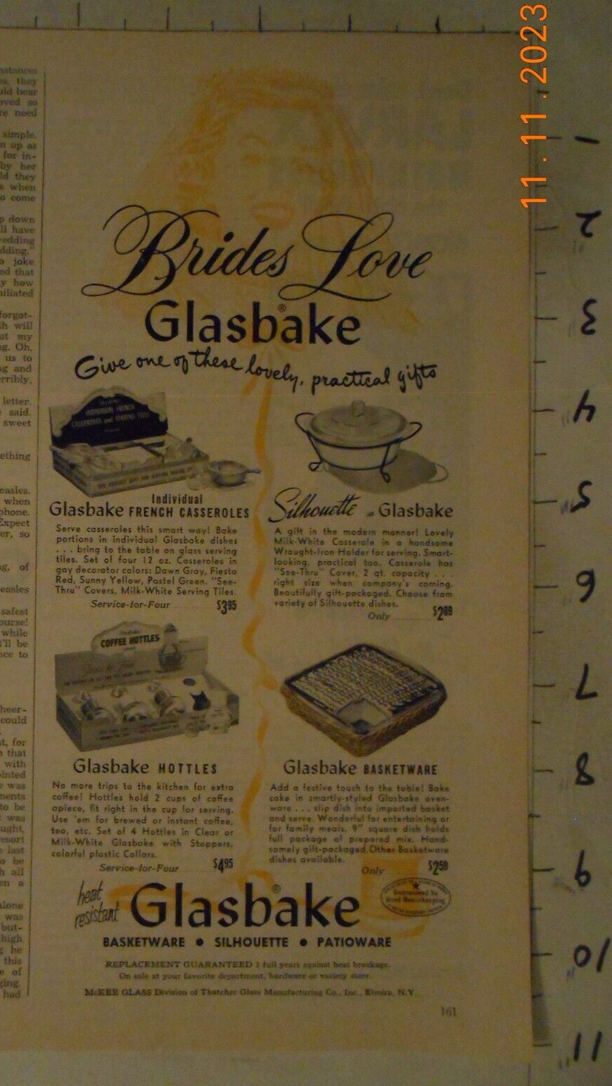 1954 McKee Glass of Thatcher Glass MFG CO Elmira NY hottles AD Glasbake Bride 1954 McKee Glass of Thatcher Glass MFG CO Elmira NY hottles AD Glasbake Bride