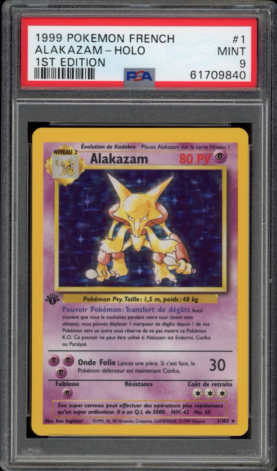 1999 Pokemon FRENCH 1st Edition Base Set Alakazam Holo 1/102 PSA 9 MINT
