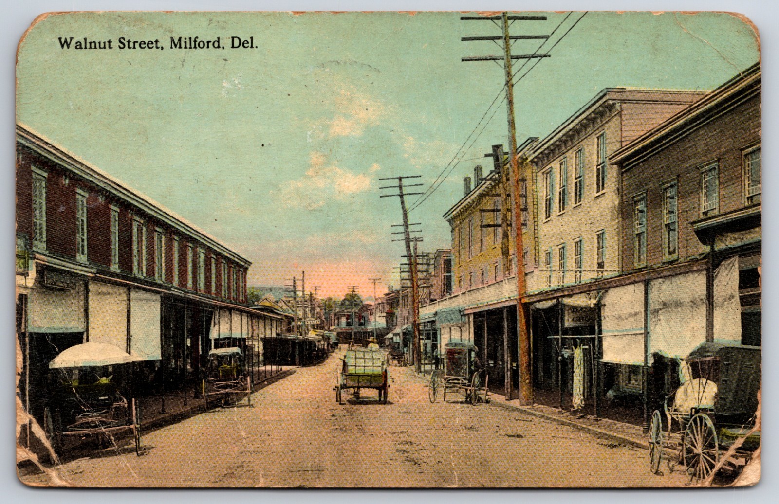 Walnut Street Milford Delaware DE Stores Horses As-Is 1916 Postcard