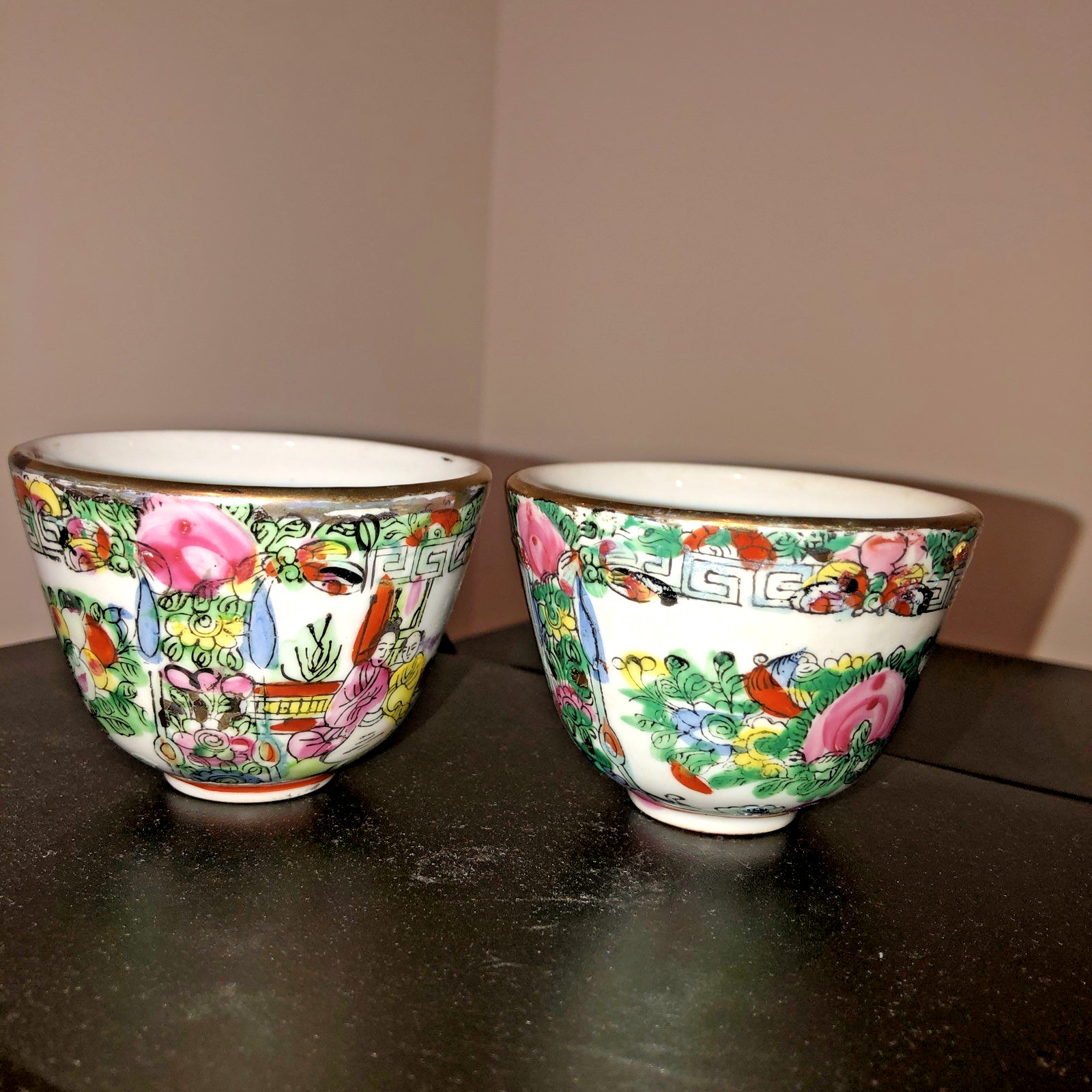 VTG ACF Porcelain Family Rose Medallion Tea Cups Two Hand Painted China