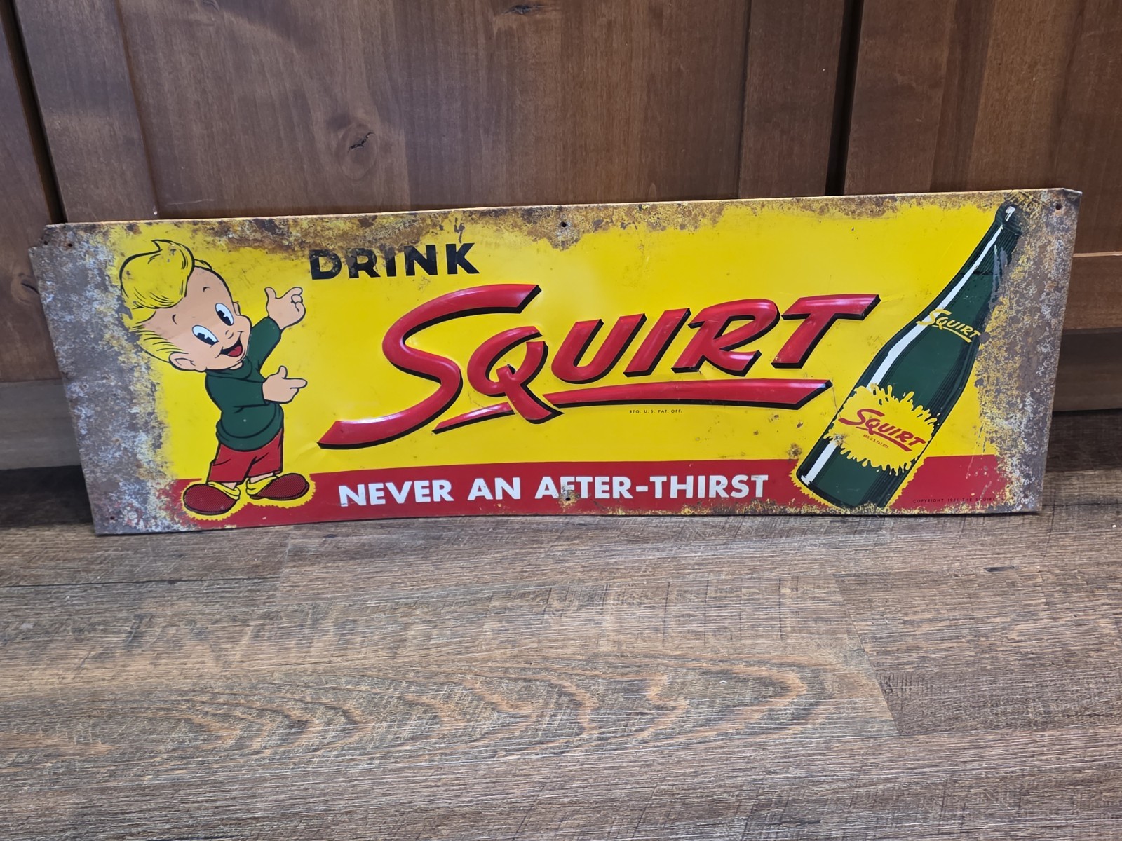 Vintage 1950s Squirt Soda Embossed Tin Sign Never An After-Thirst Squirt Boy