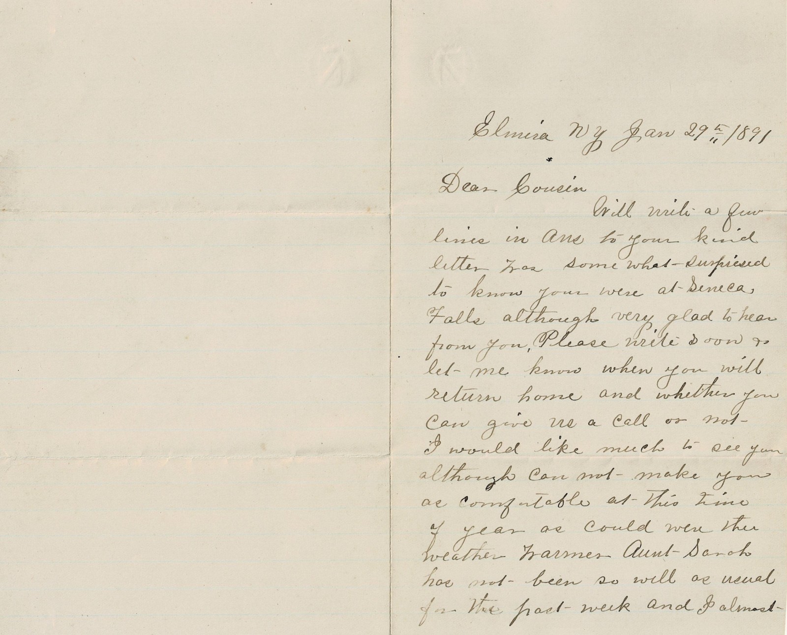 1891 Letter from Elmira, NY to Bainbridge, NY