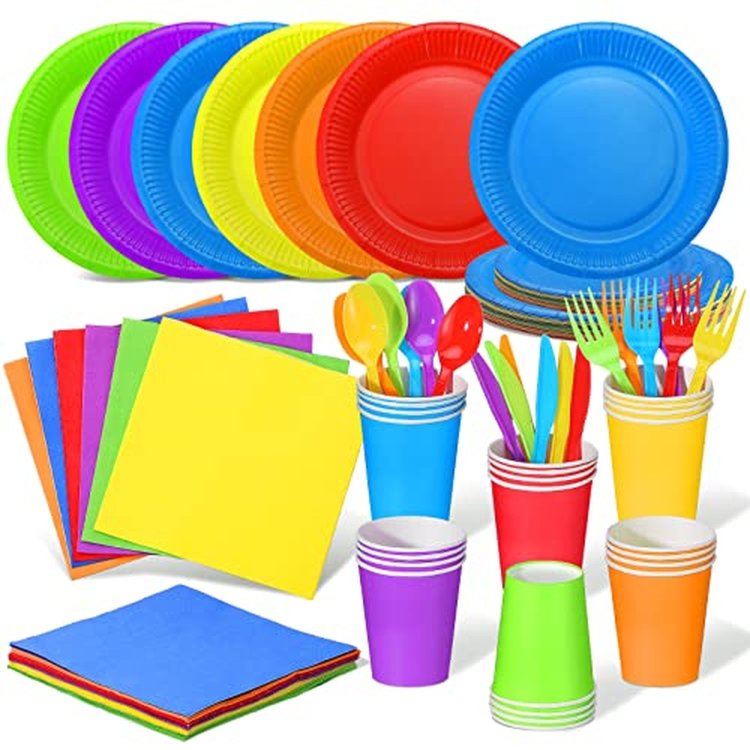 Jinei 168 Pcs Rainbow Party Tableware Paper Plates and Napkins, 24 Guests Jinei 168 Pcs Rainbow Party Tableware Paper Plates and Napkins, 24 Guests