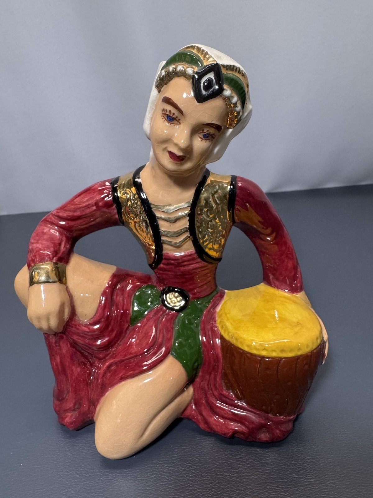 Vintage Hand Painted Ceramic Gypsy Woman Figurine Sitting w/ Drum