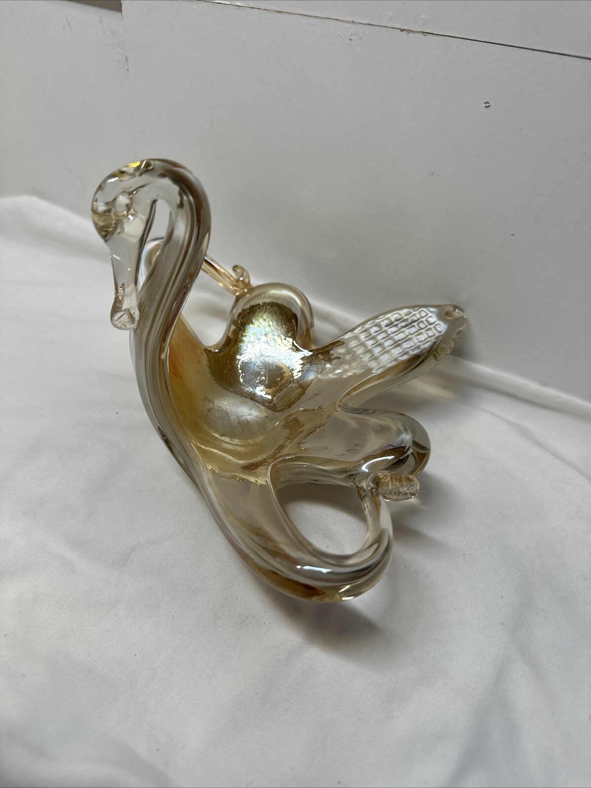 Vtg Murano Style Art Glass Tan Swan Trinket Dish