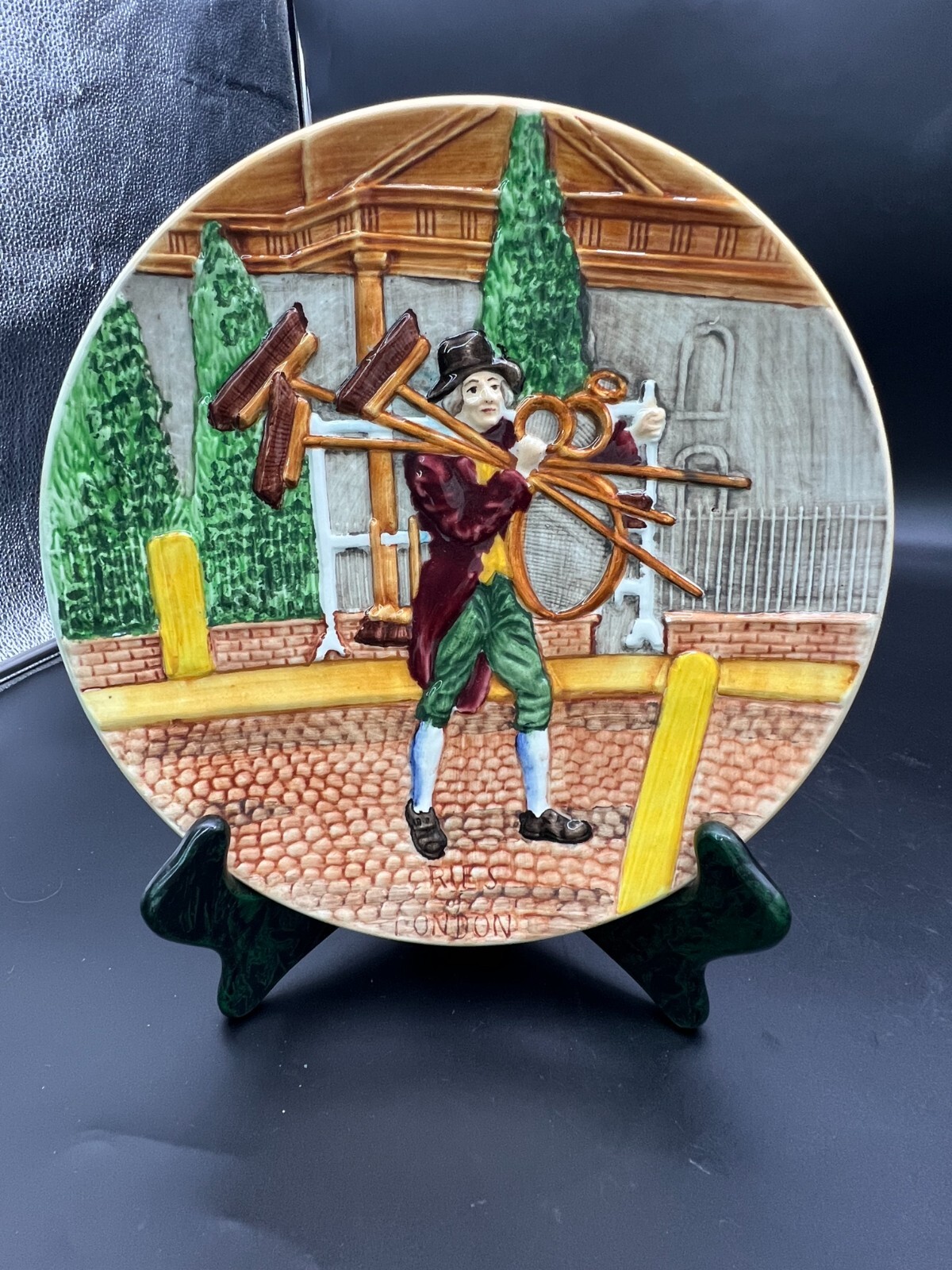 Germany Majolica Bas Relief Plate-Cries of London- Street Sweeper