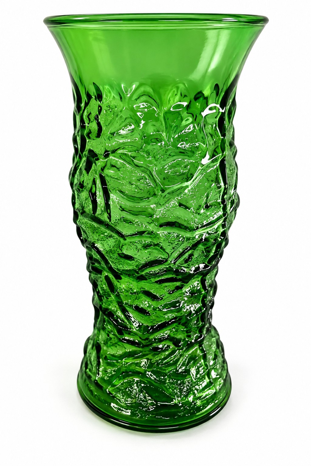 Vintage E.O. Brody Emerald Green Glass Vase Crinkle Bark Textured 9.5\