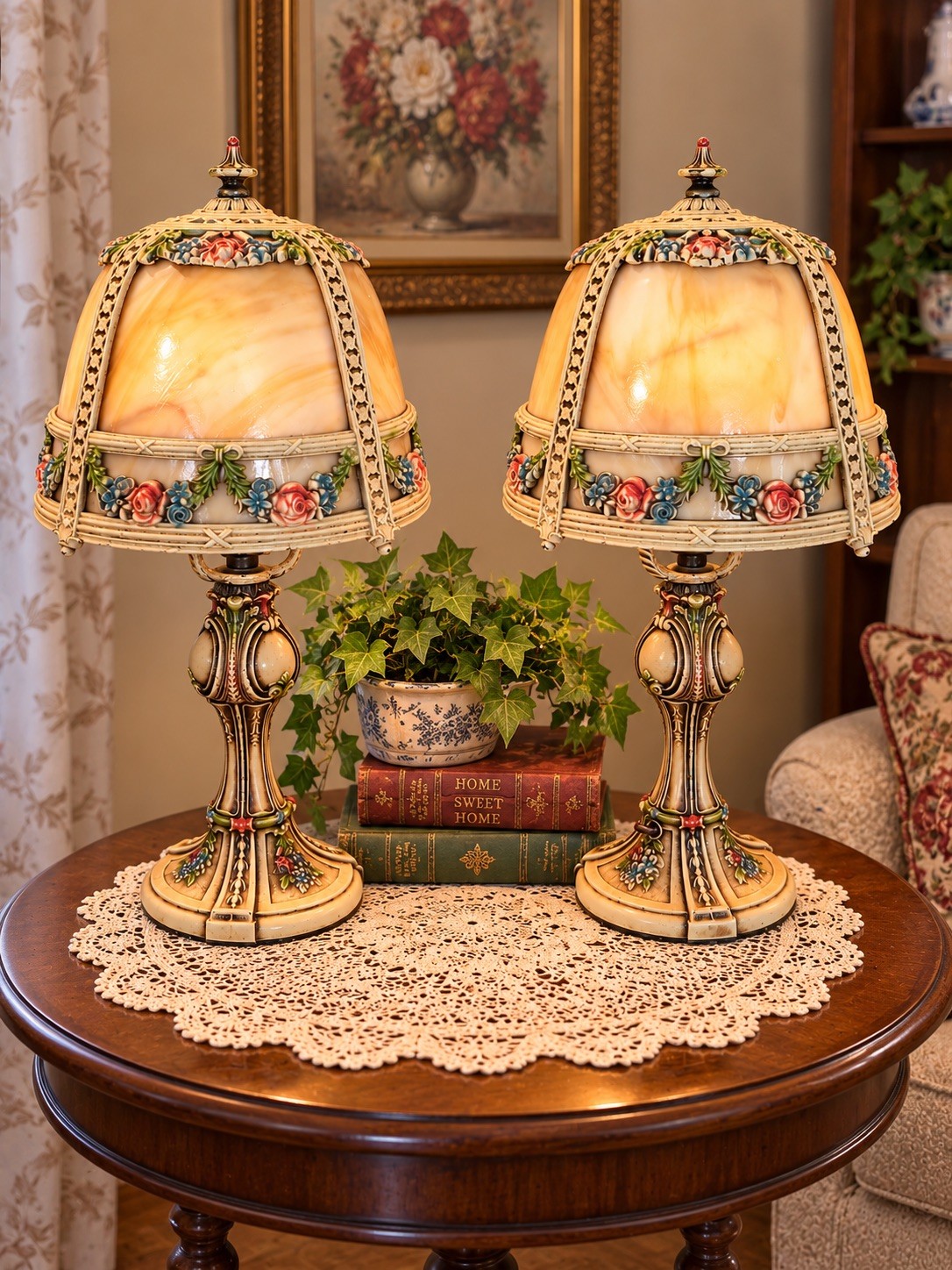 Pair of Antique E. Miller Bent 4 Panel Slag Glass Table Lamps Floral Iron 15”
