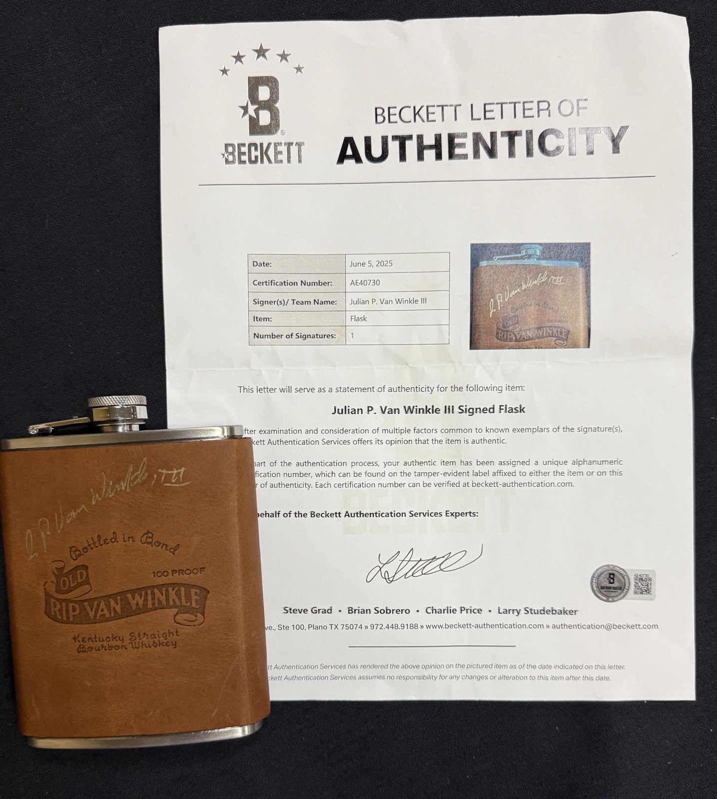 Pappy Van Winkle Leather Wrapped Flask Signed By Julian Van Winkle III 8 Oz.