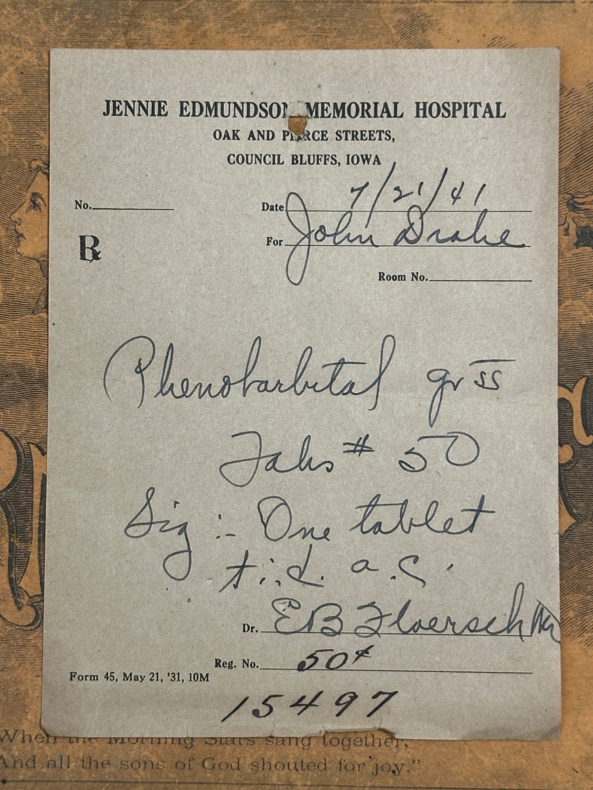 1941 prescription PHENOBARBITAL J Edmundson Memorial Hospital Council Bluffs IA