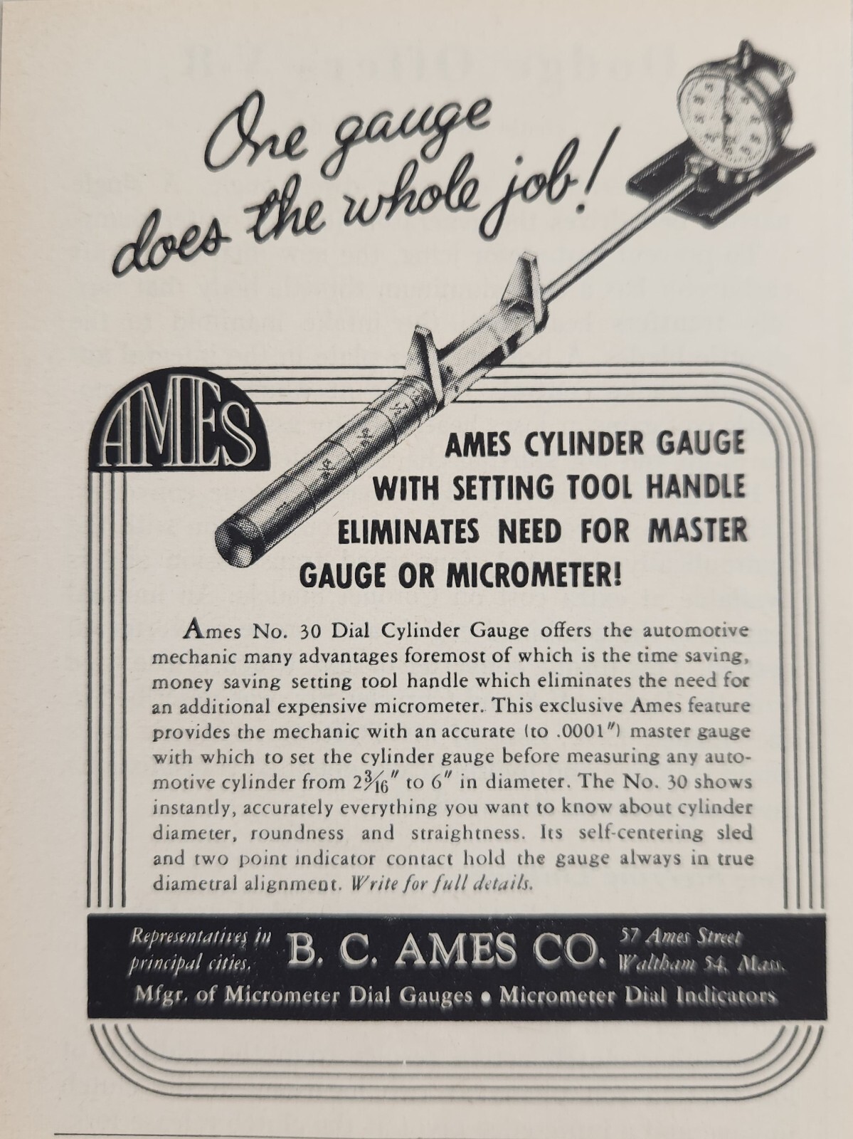 1952 Print Ad Ames Cylinder Gauges with Setting Tool Handle Waltham,MA