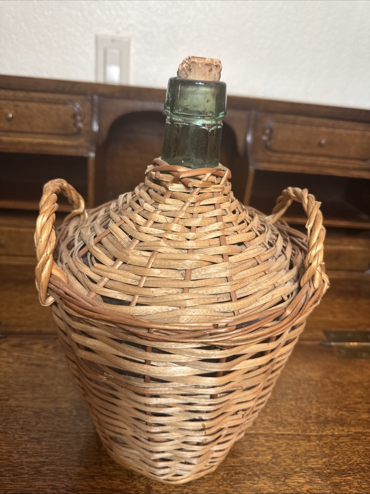 Viresa Vintage Glass Bottle Wrapped In Woven Wicker With Cork.