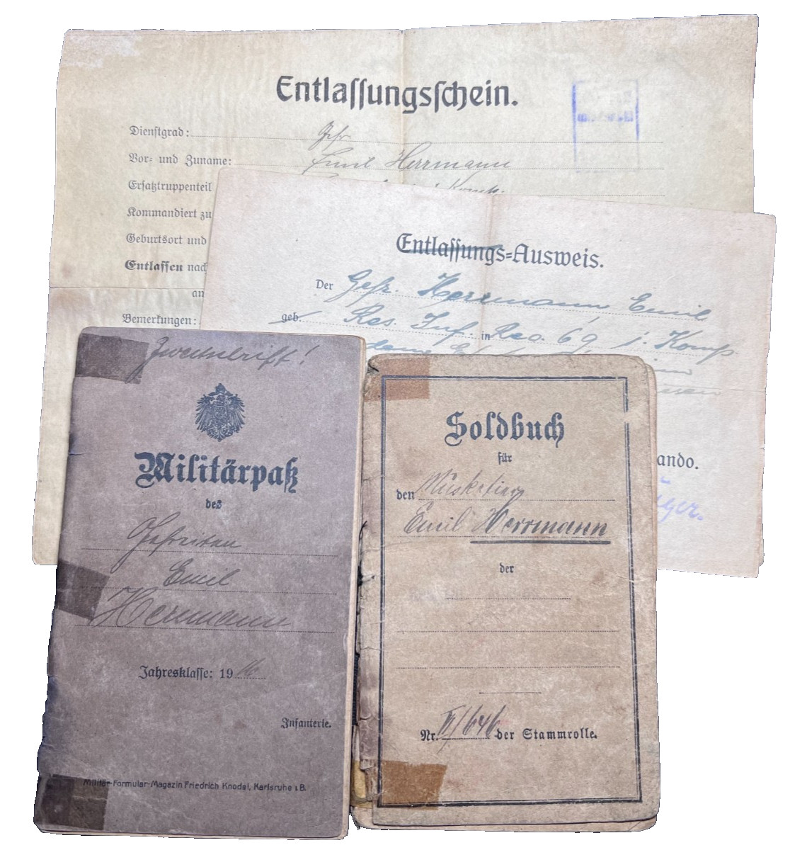 WWI Imperial German Army Military Pass & Soldbuch EMIL HERMANN EK2 RIR69 Somme