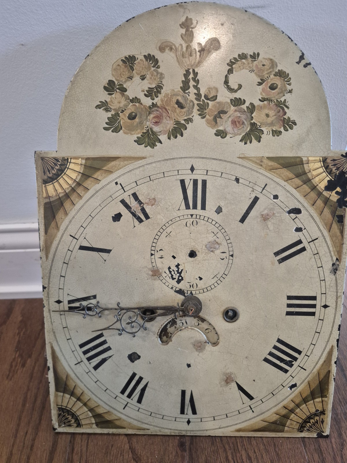 Antique  Grandfather Clock Movement & Dial Painted 