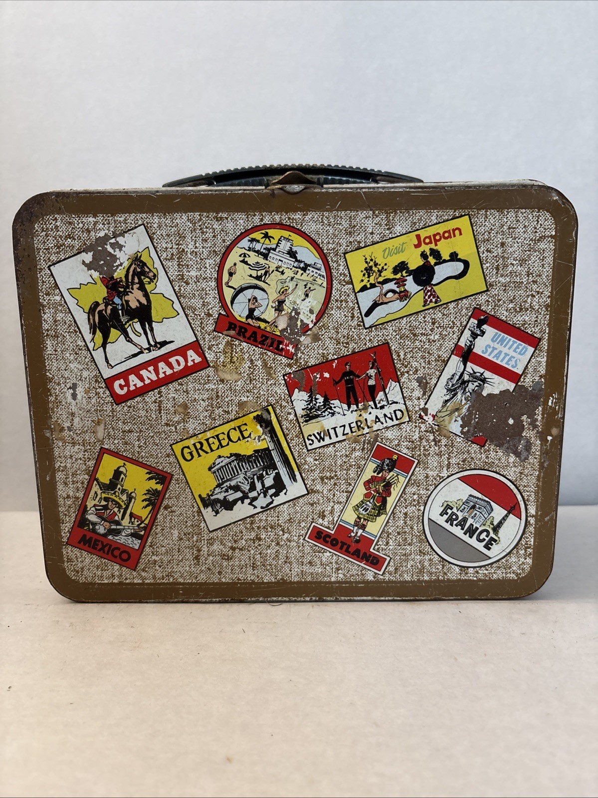 OHIO ART 1960’s Mid-Century Metal Lunch Box World Travel Stickers Countries