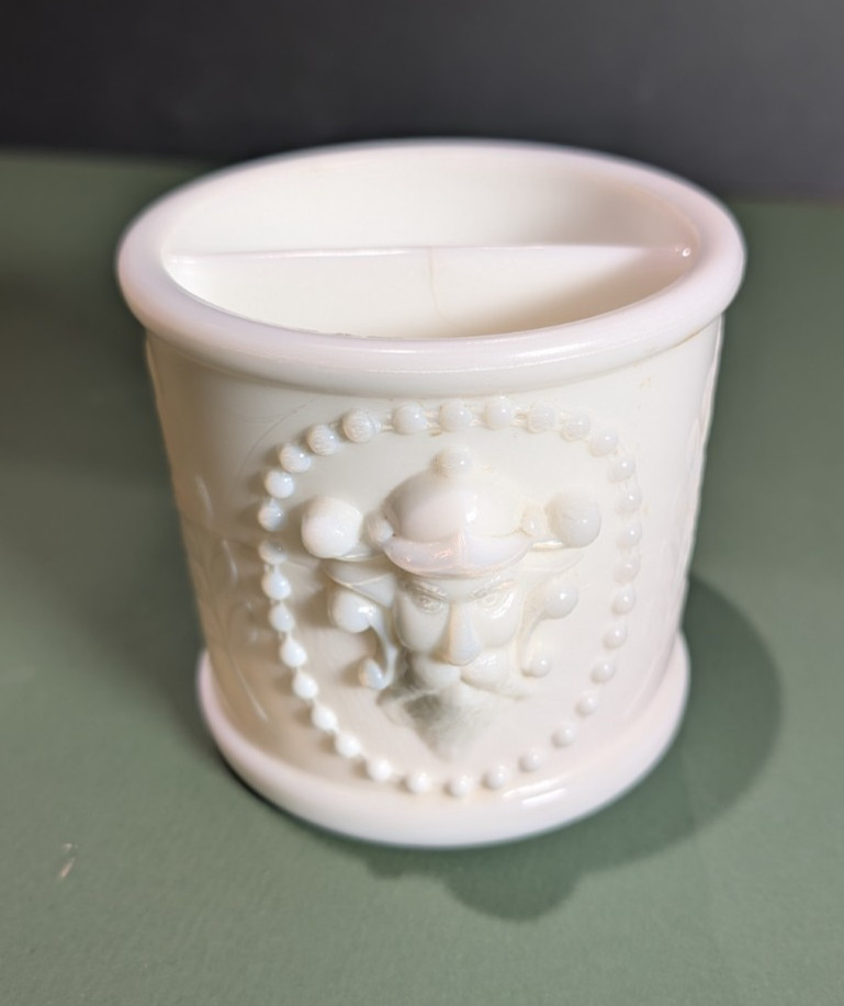 RARE Imperial Glass Co. Milk Glass Shaving Mug Viking Head PATENT JULY 10 1906