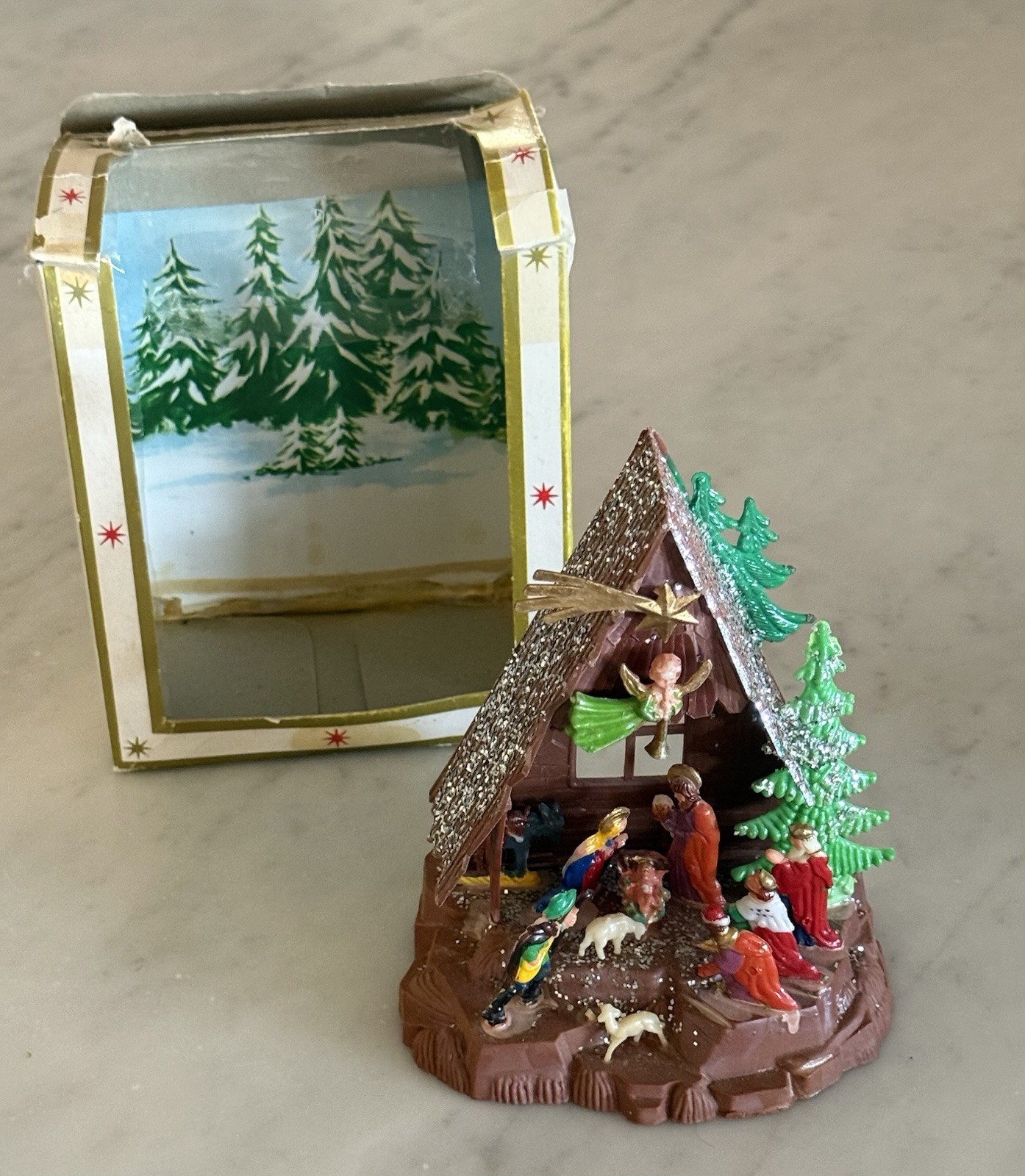 Vintage Hong Kong 6-Inch Plastic Nativity Set w/ Mica Glitter & Original Box