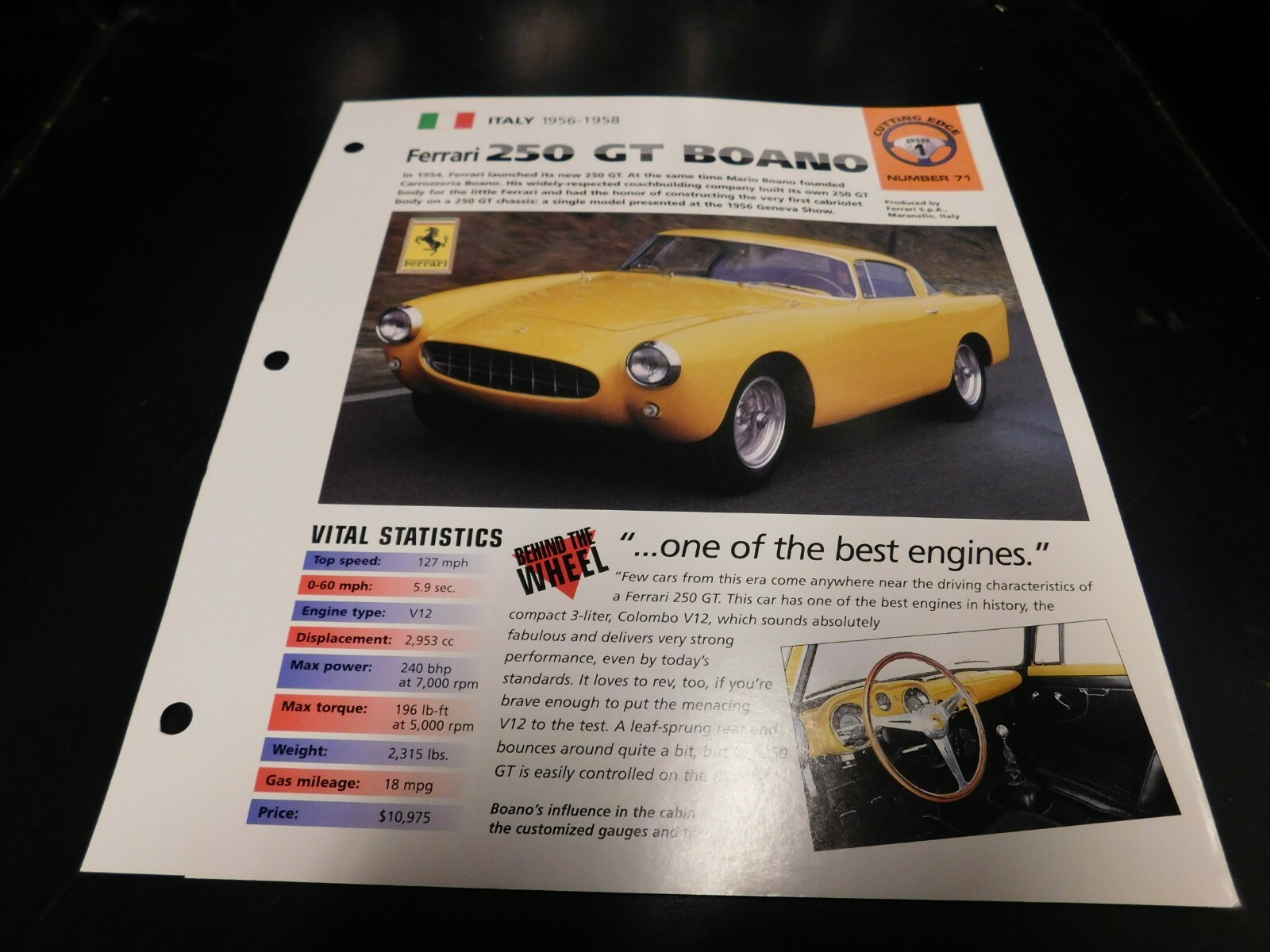 1956-1958 Ferrari GT Boano Spec Sheet Brochure Photo Poster 1957
