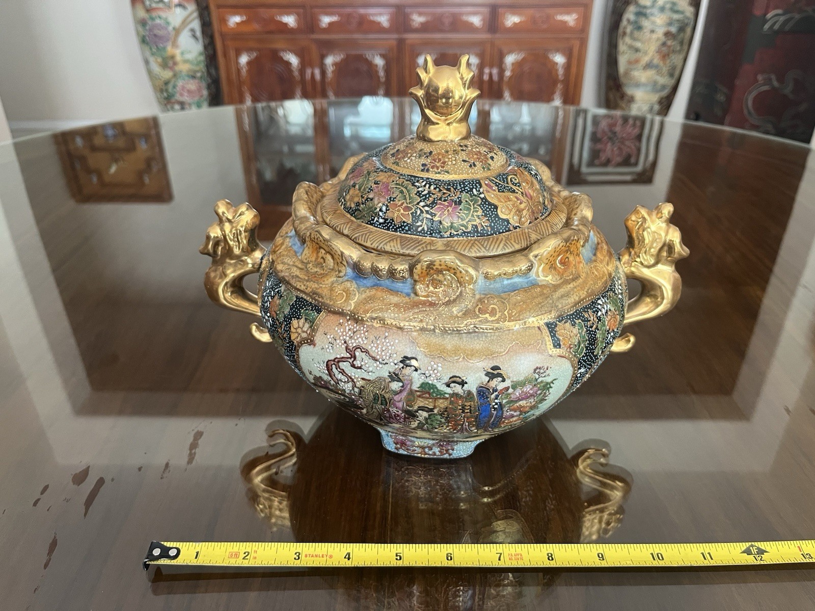 Vintage Japanese Satsuma Porcelain Lidded Tureen 8.5” Tall