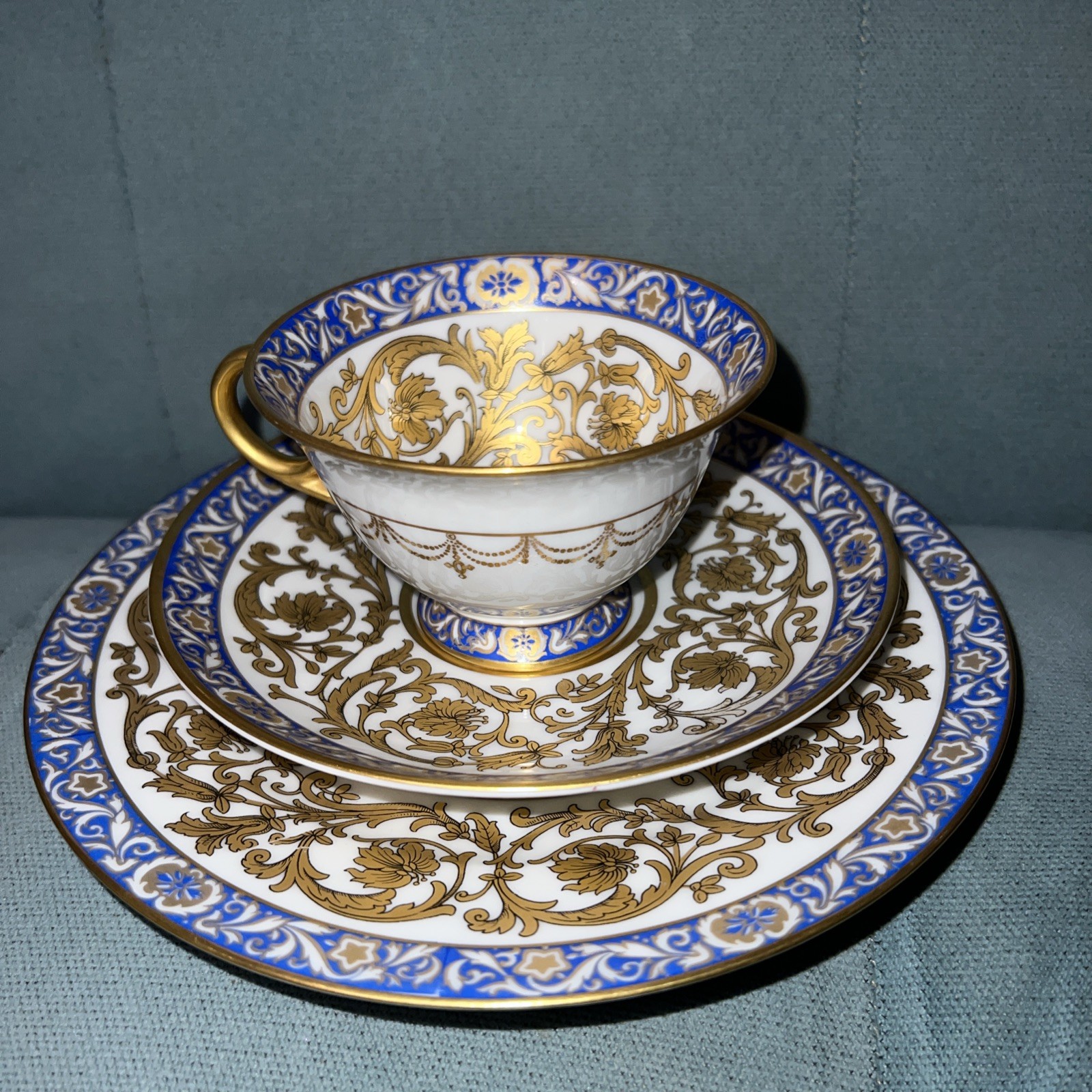 Antique Schumann Bavaria Teacup, Saucer & Luncheon Plate Trio Blue Gold Germany