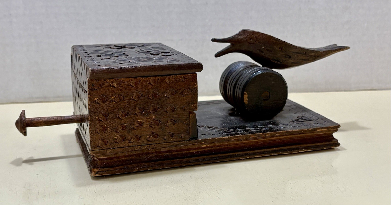 Vintage Carved Wood Pecking Bird Mechanical Cigarette Dispenser - Video