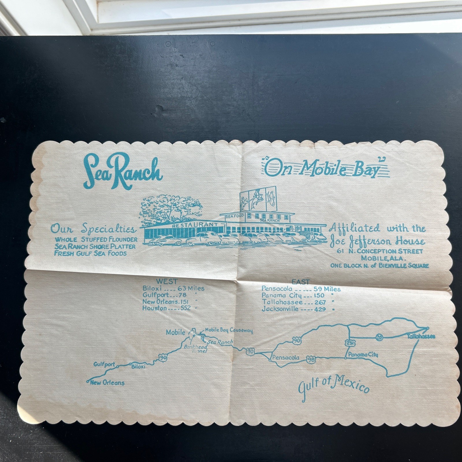 Vintage c1950s Sea Ranch Mobile AL  Restaurant Menu 14”x9.5”