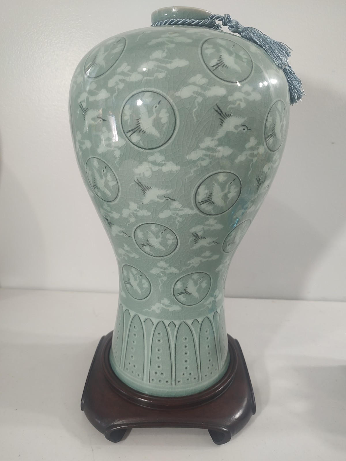 Large Korean Celadon Vase Featuring Inlaid Crane and Cloud Motifs 14” Sanggam