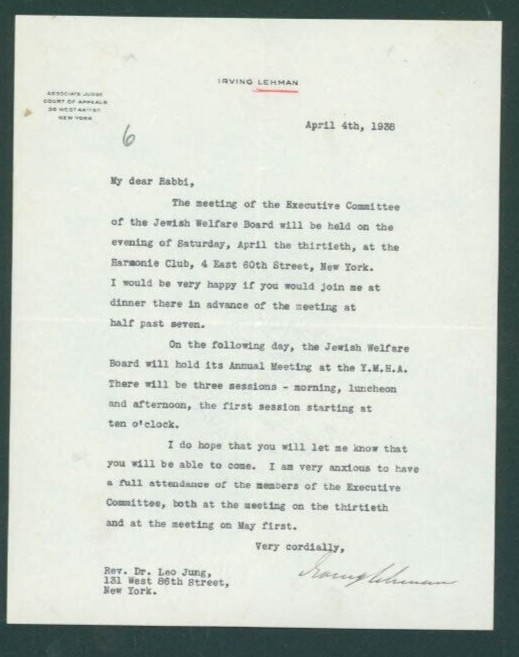 1938 Judge Irving Lehman NY Court Appeals Signed Letter Jung Lehman Brothers 