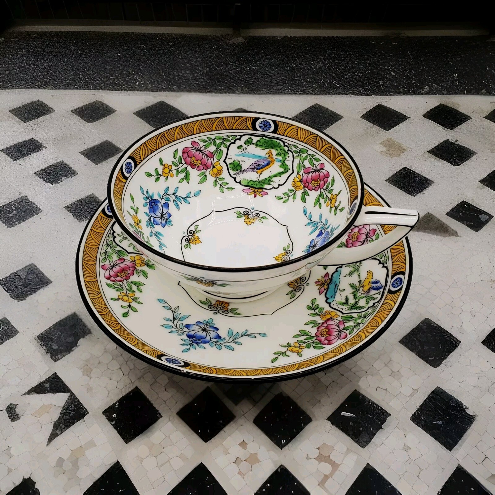 Antique MINTON Hand Painted Teacup And Saucer Birds Asian Style 