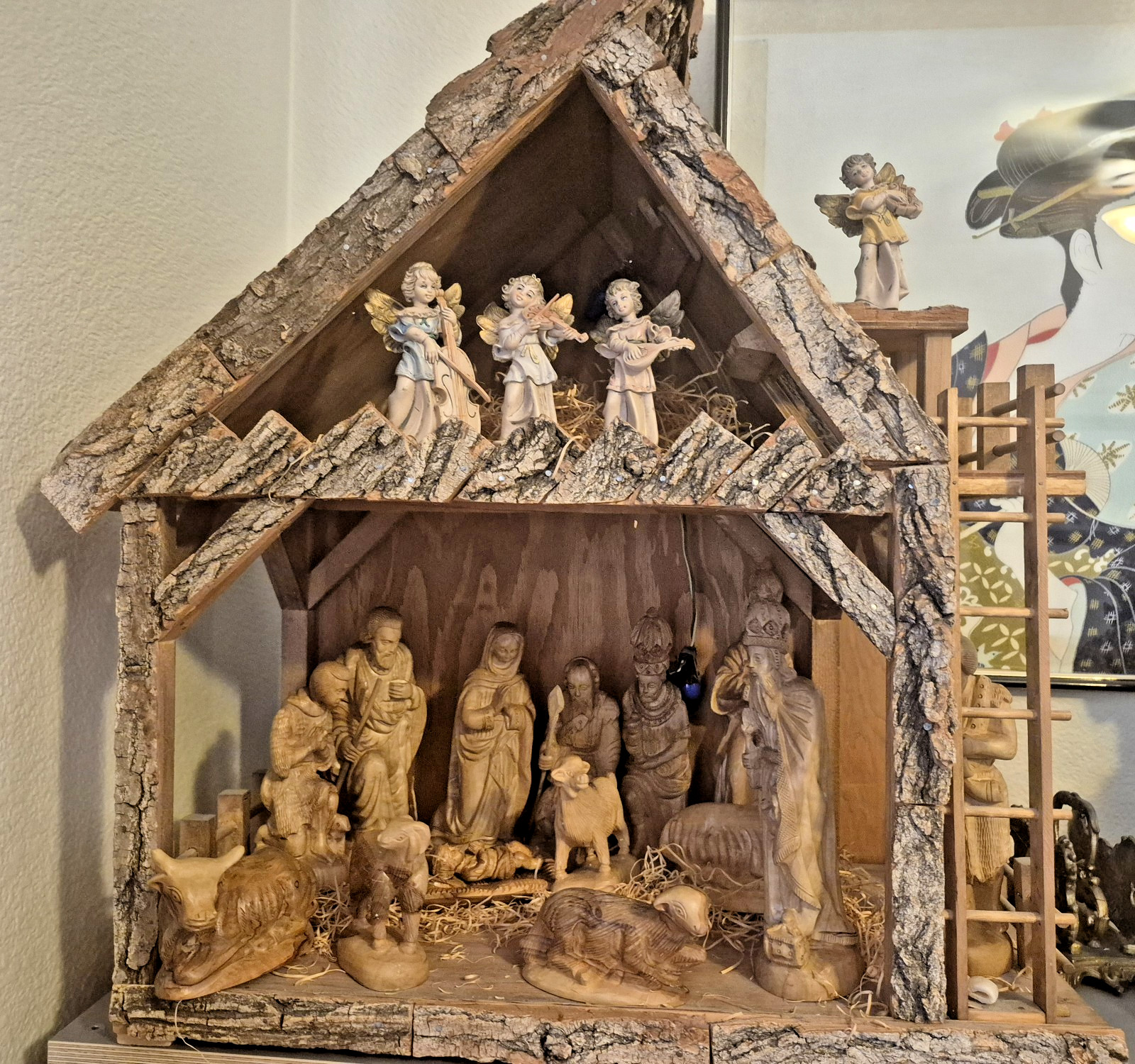 Large 22 Piece Wood Carved 10 Inch Scale Nativity Set & Stable Wise Men Jesus