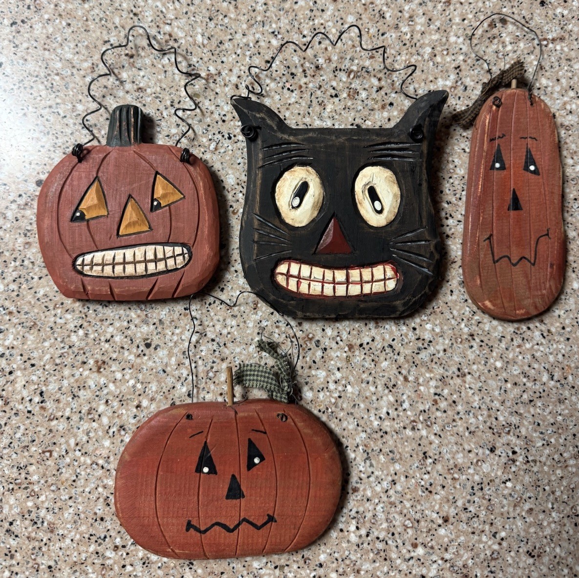 Lot of 4 Primitive Folk Art Whimsical Halloween Hanging Black Cat-Pumpkins
