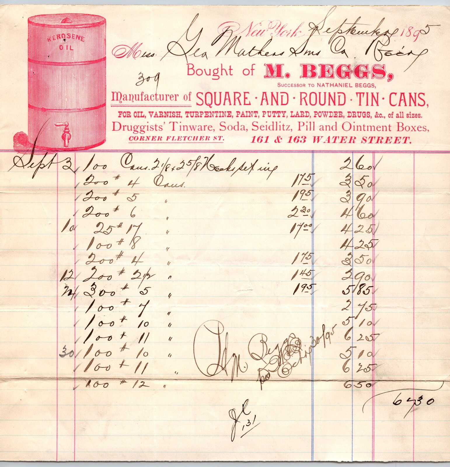 M. Beggs Square and Round Tin Cans Water St. NYC 1895 Billhead Vignette Scarce