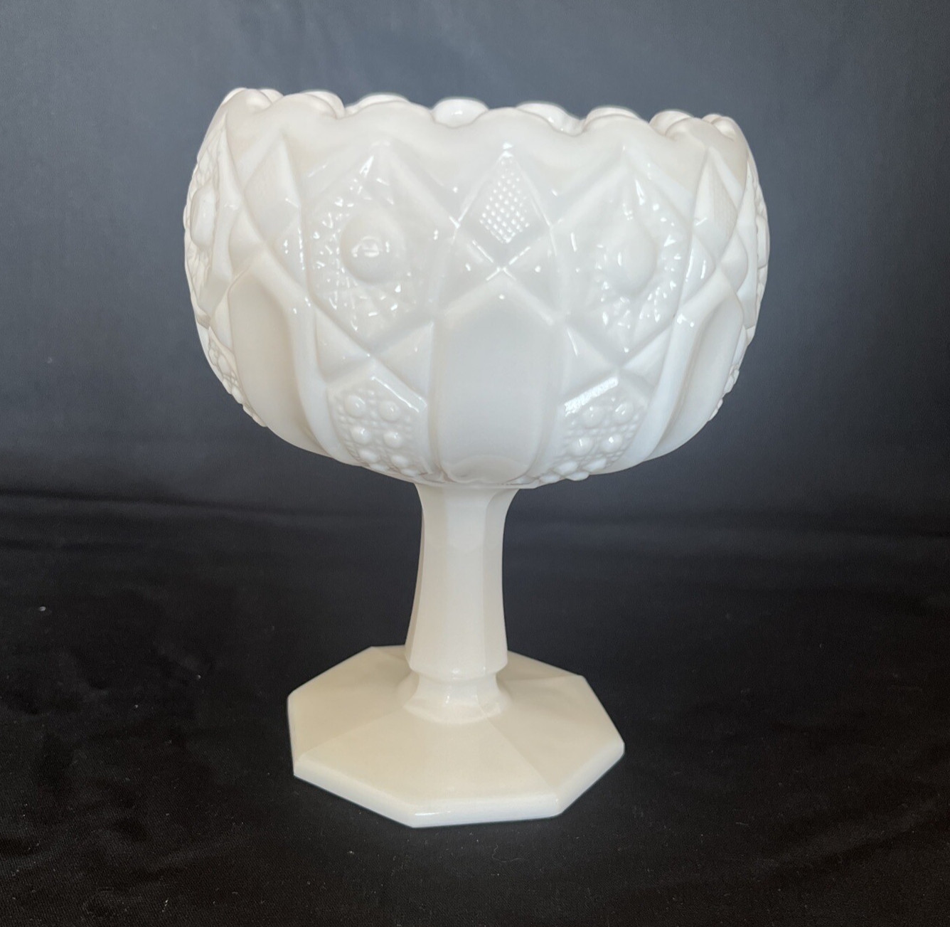 Smith Milk Glass ~ Compote Pedestal Candy Dish Footed Bowl Quilt Button Pattern