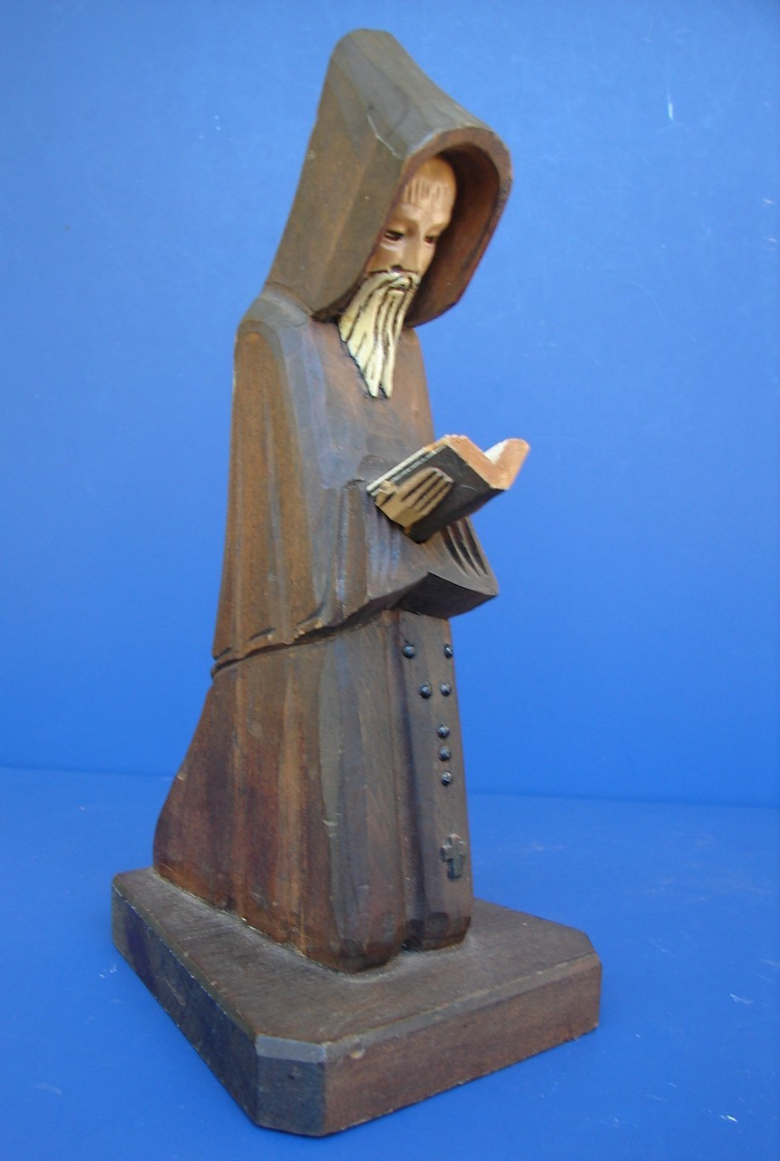 VTG Monk Statue Hand Carved Detailed Wood Priest Figure Reading Bible on Base