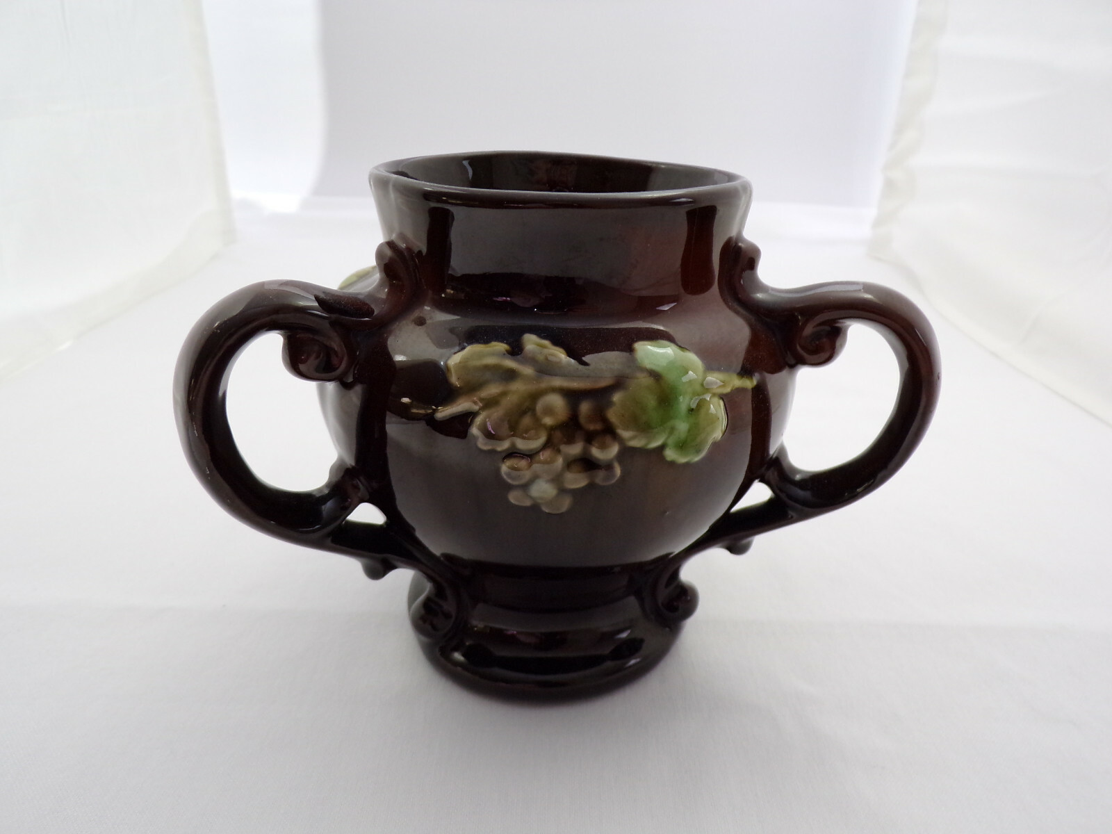 Vintage Weller Floretta Art Pottery Vase 3 Handles Brown w/Grape Motif 335 Mark