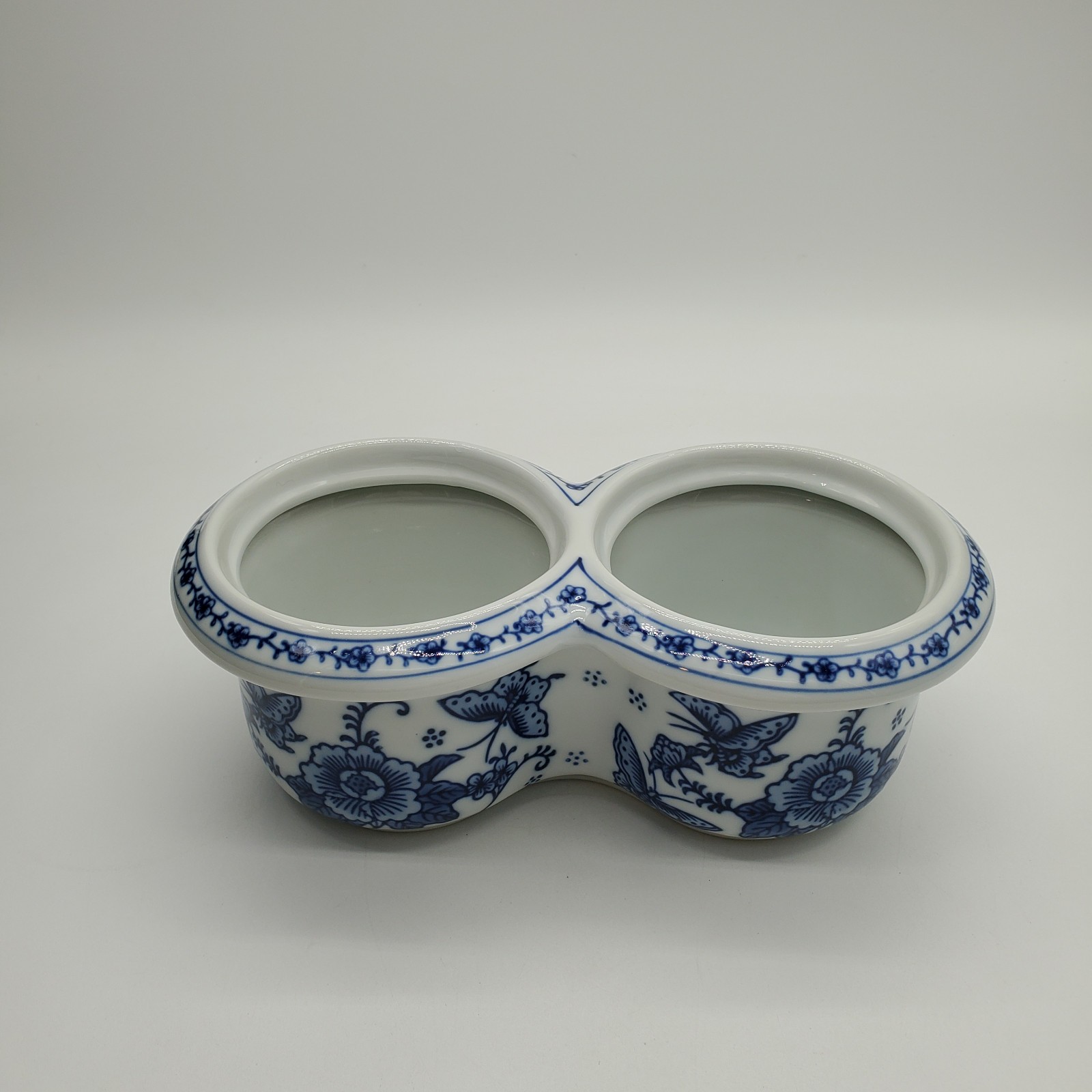 Vintage Blue White Porcelain Double Planter Butterfly Floral Cache Pot Japan