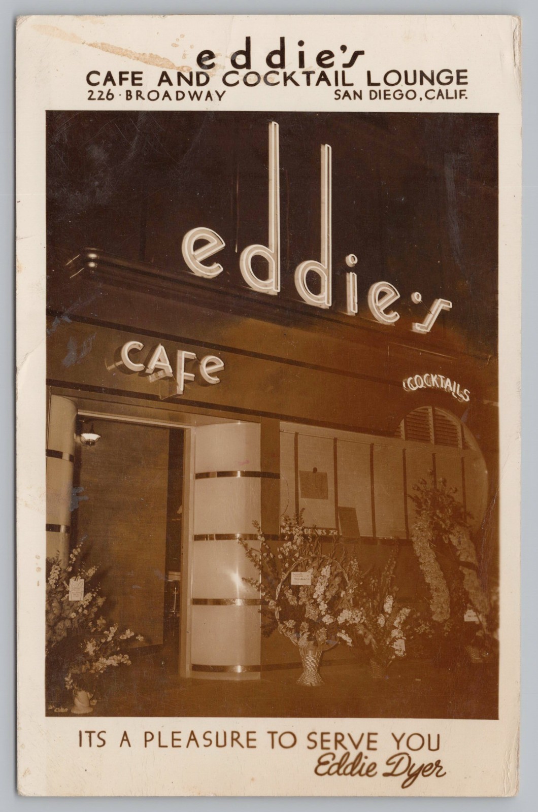RPPC Eddie's Cafe & Cocktail Lounge San Diego CA California Real Photo Postcard
