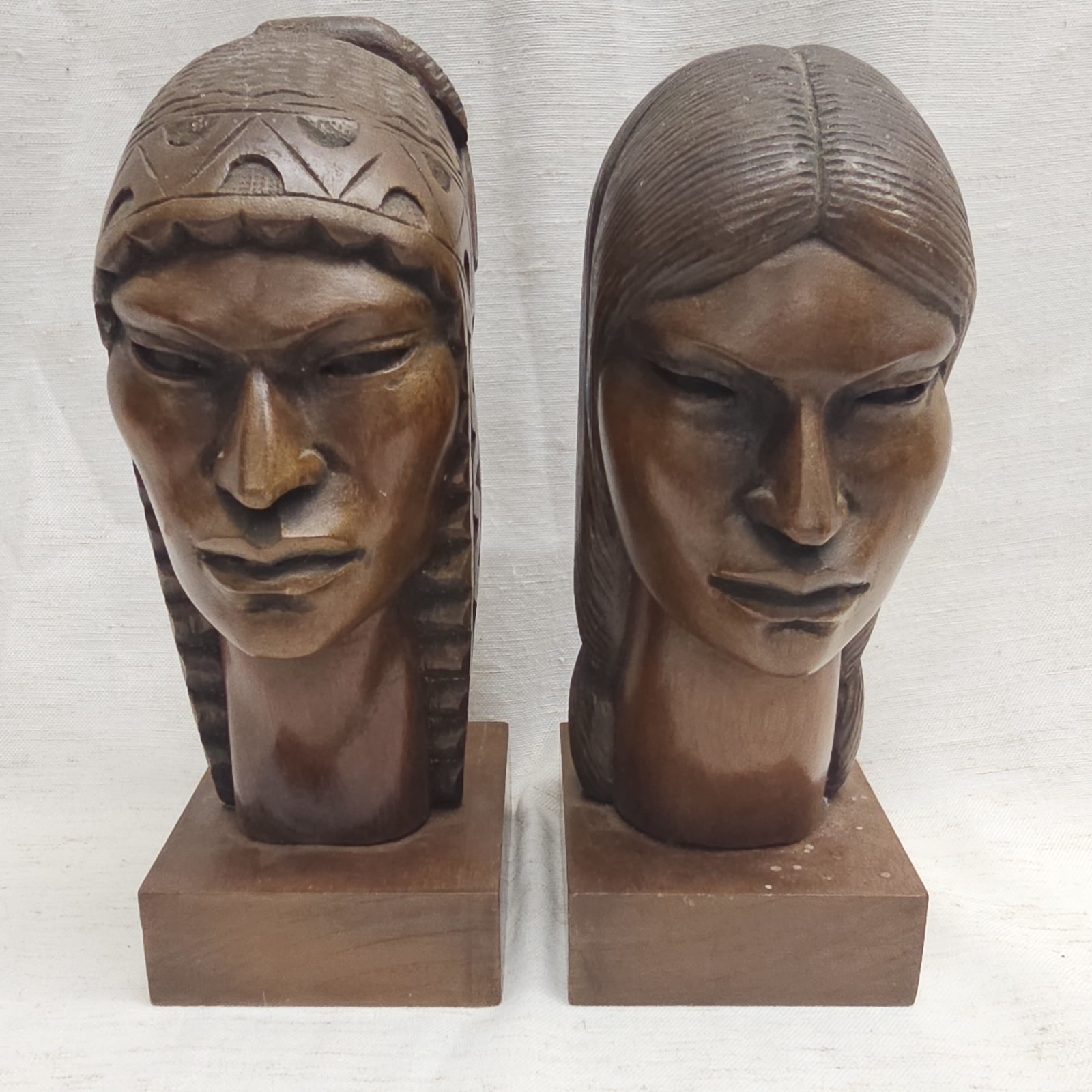 Vintage Carved Wooden Native American Style Bust Bookends Male & Female Pair Vintage Carved Wooden Native American Style Bust Bookends Male & Female Pair