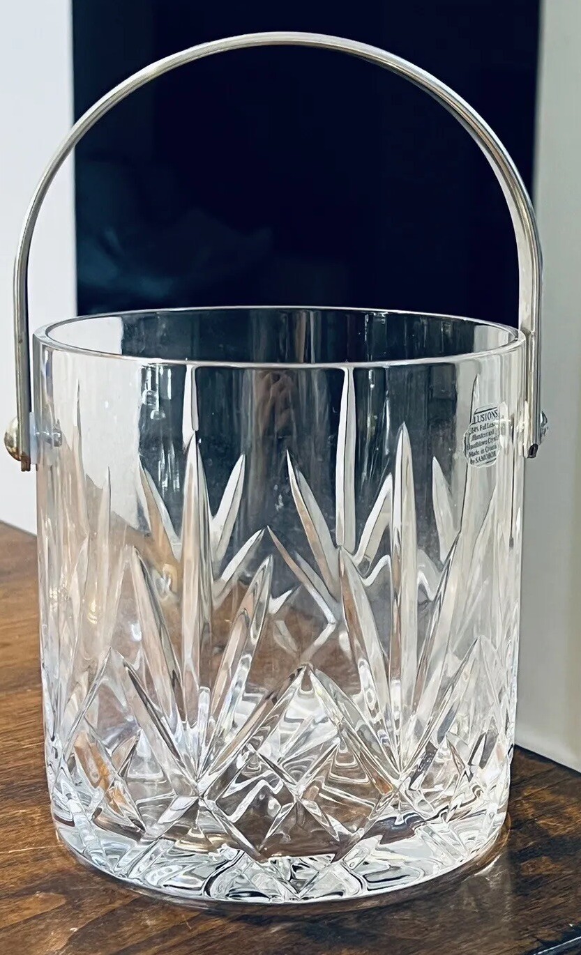VTG Hand Cut & Blown 24% Lead Crystal Ice Bucket by Samobor 5 1/4 X 5”
