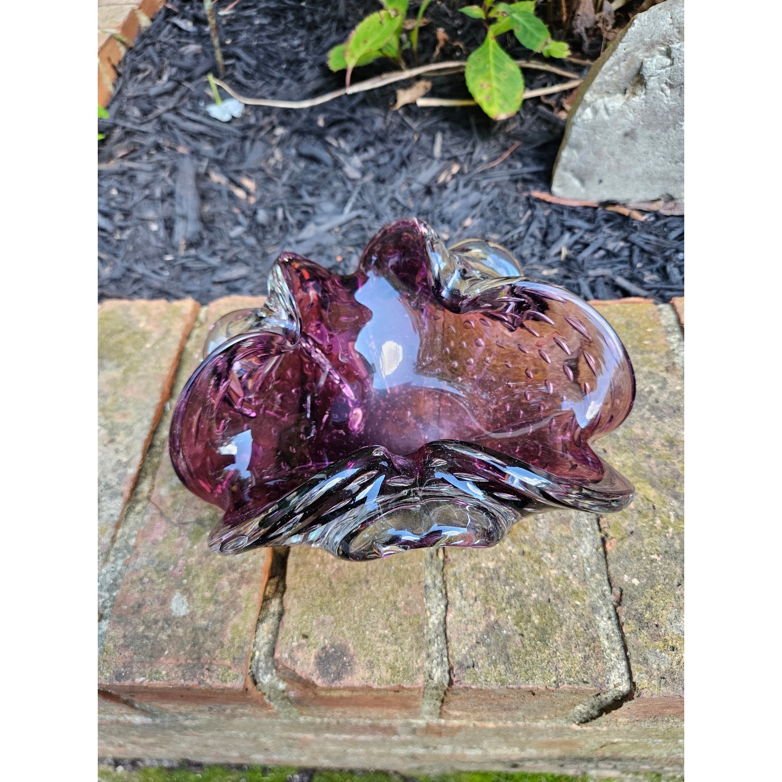 Vintage Murano Amethyst Bullicante Art Glass Ashtray w/ Controlled Bubbles