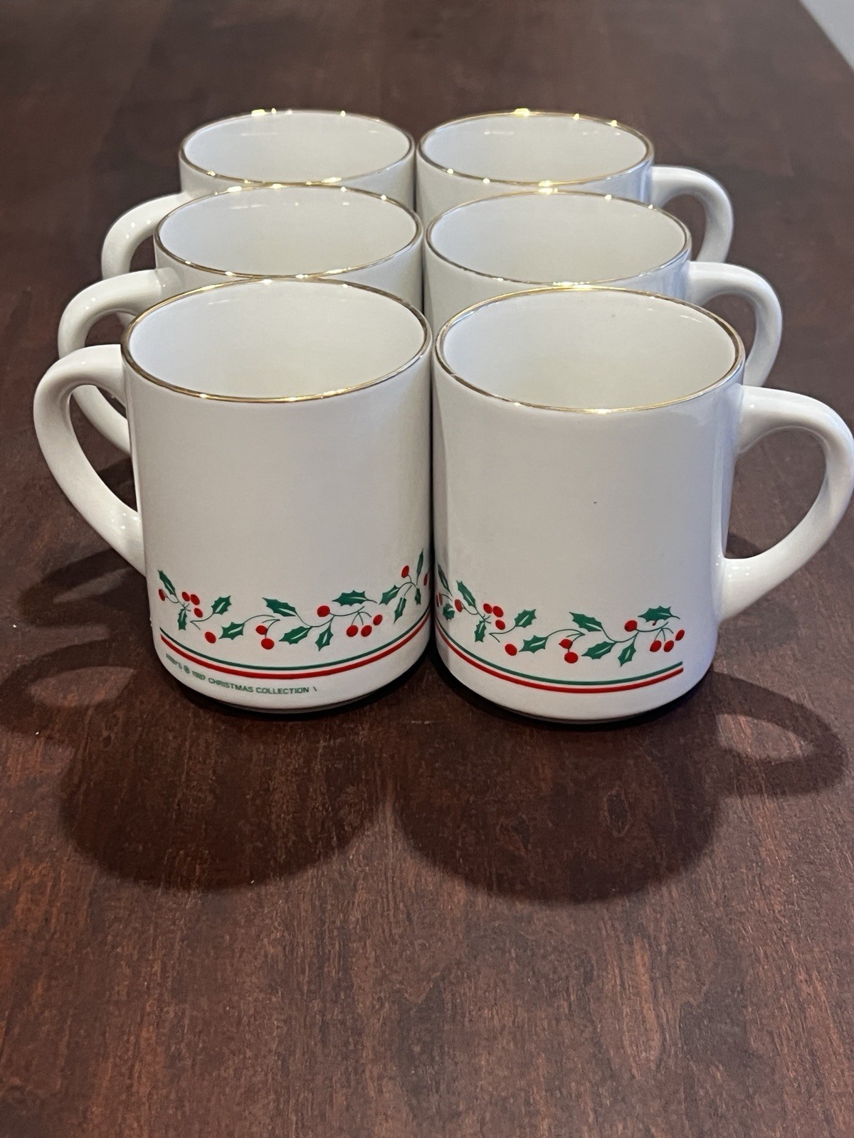 Set Of 6 1987 Arby’s Christmas Collection Coffee Mugs Holly Berries Gold Trim