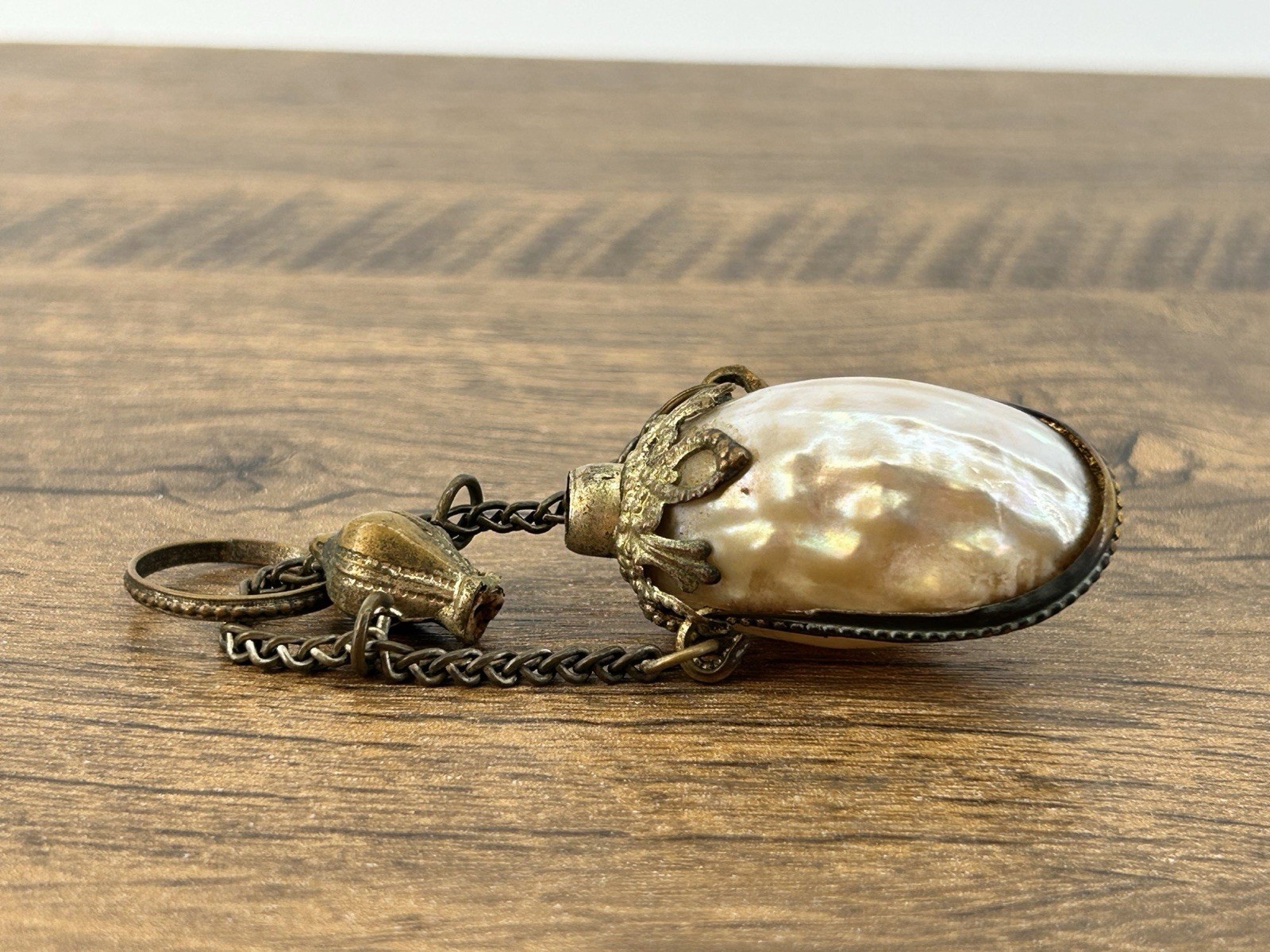 Victorian Chatelaine Snuff Perfume Bottle Antique Mother of Pearl Shell, Brass