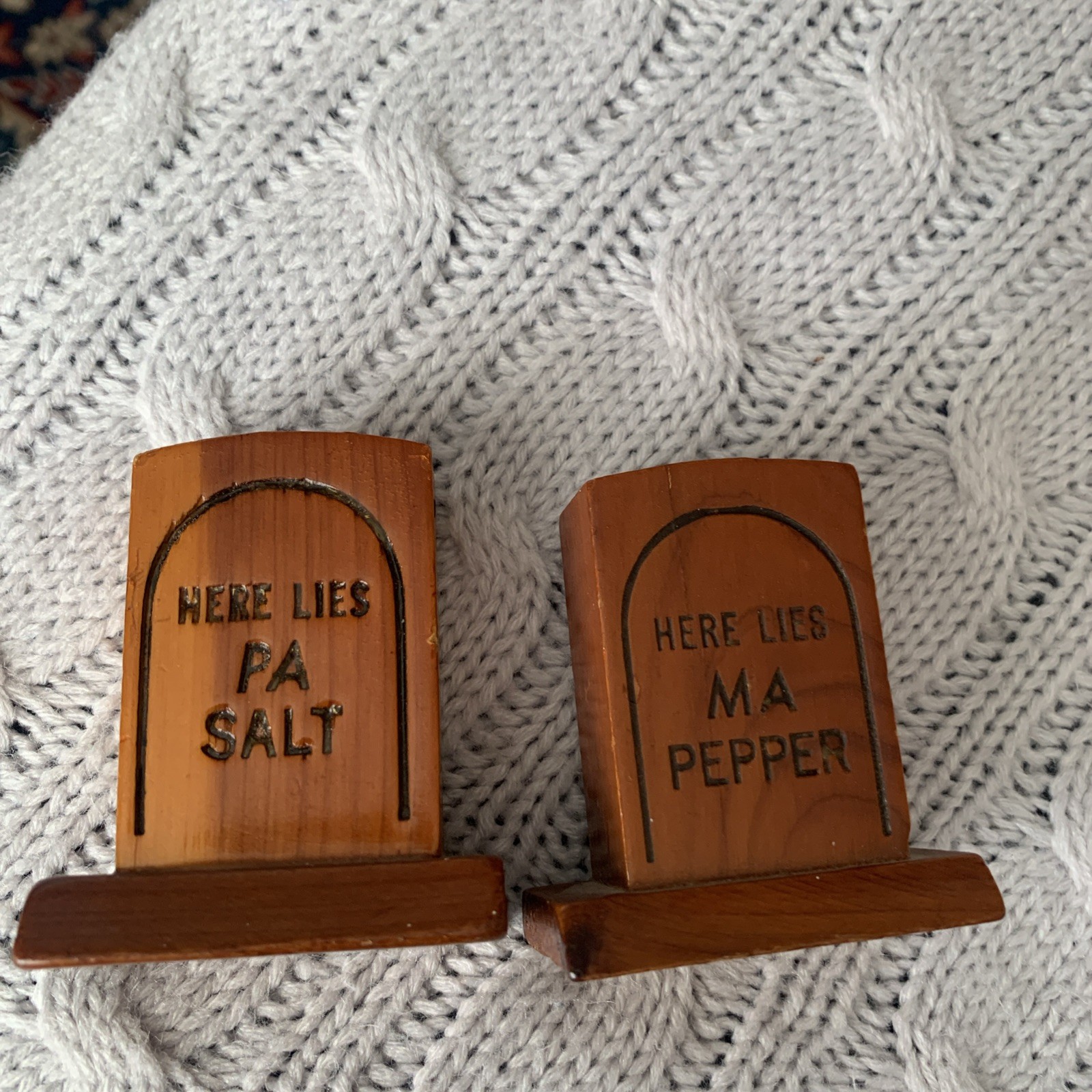 Vintage Wooden Tombstone Here Lies Salt and Here Lies Pepper Shakers Cincinnati 