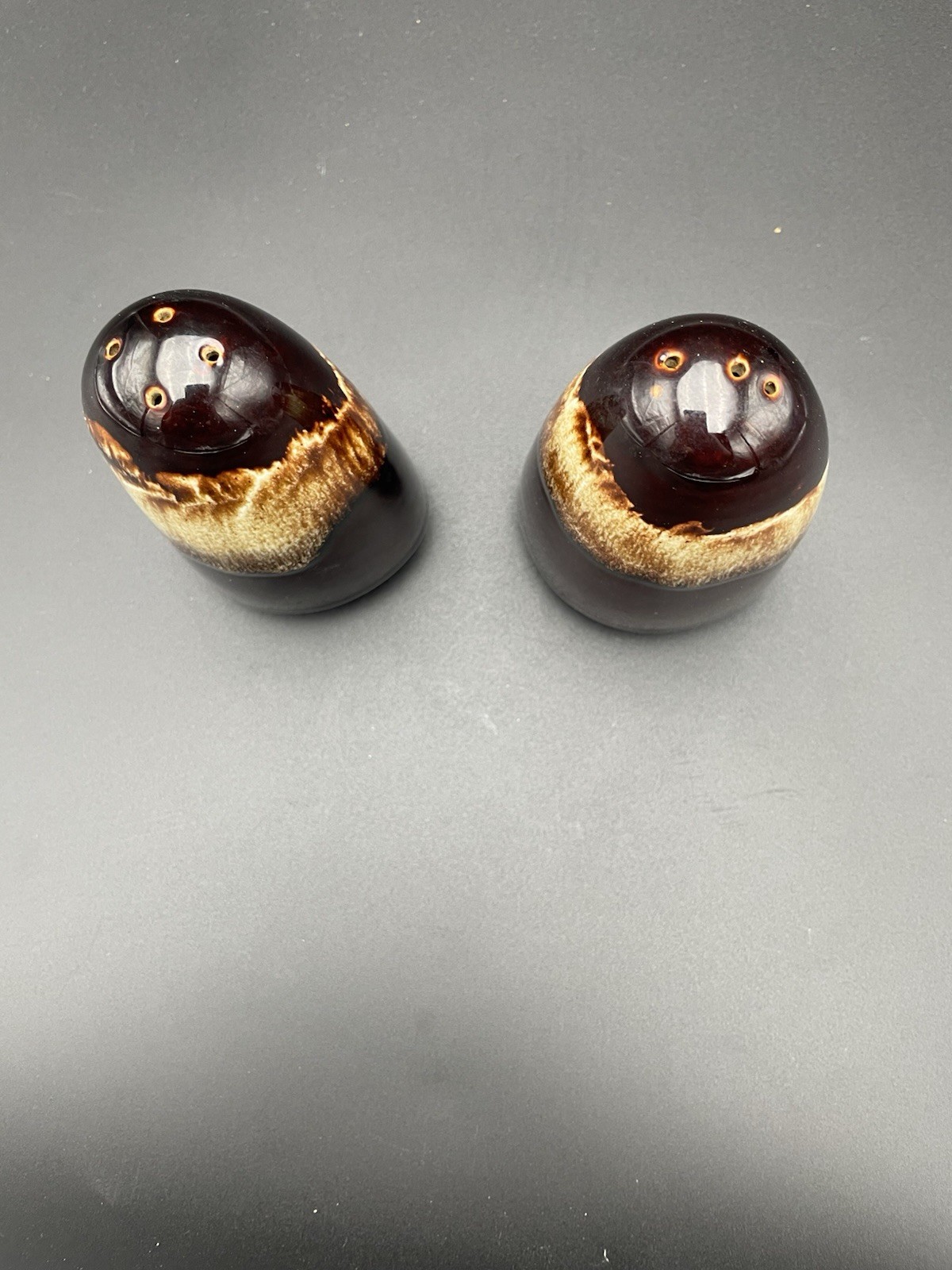 Vintage Brown Drip Glaze Salt & Pepper Shakers 4.5\