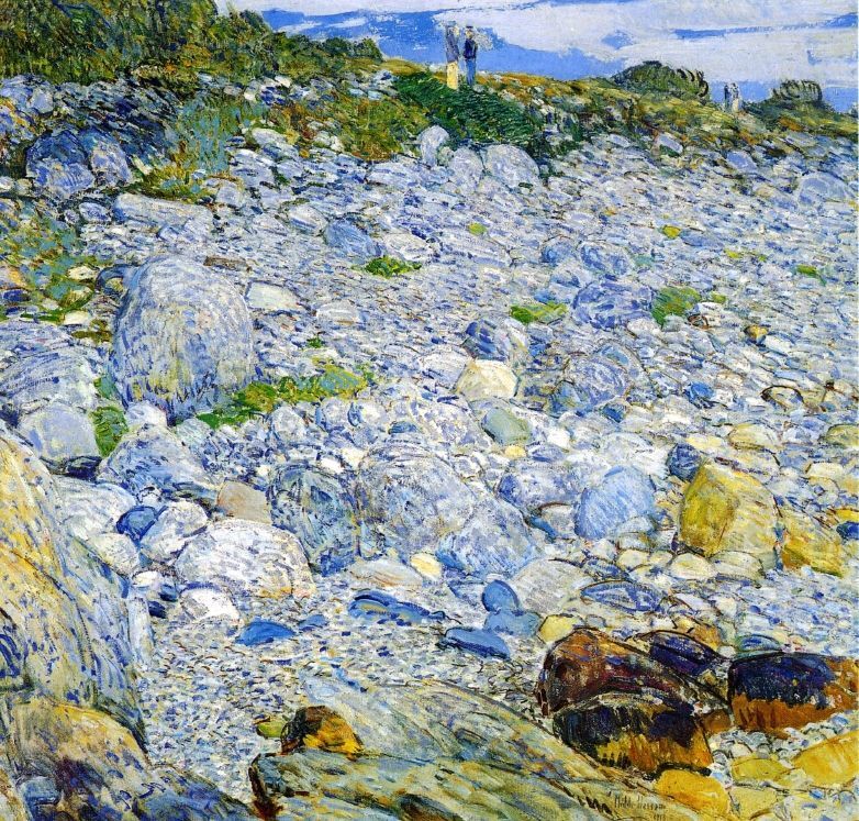 Oil painting Frederick-Childe-Hassam-Rocky-Beach-Appledore landscape & figures