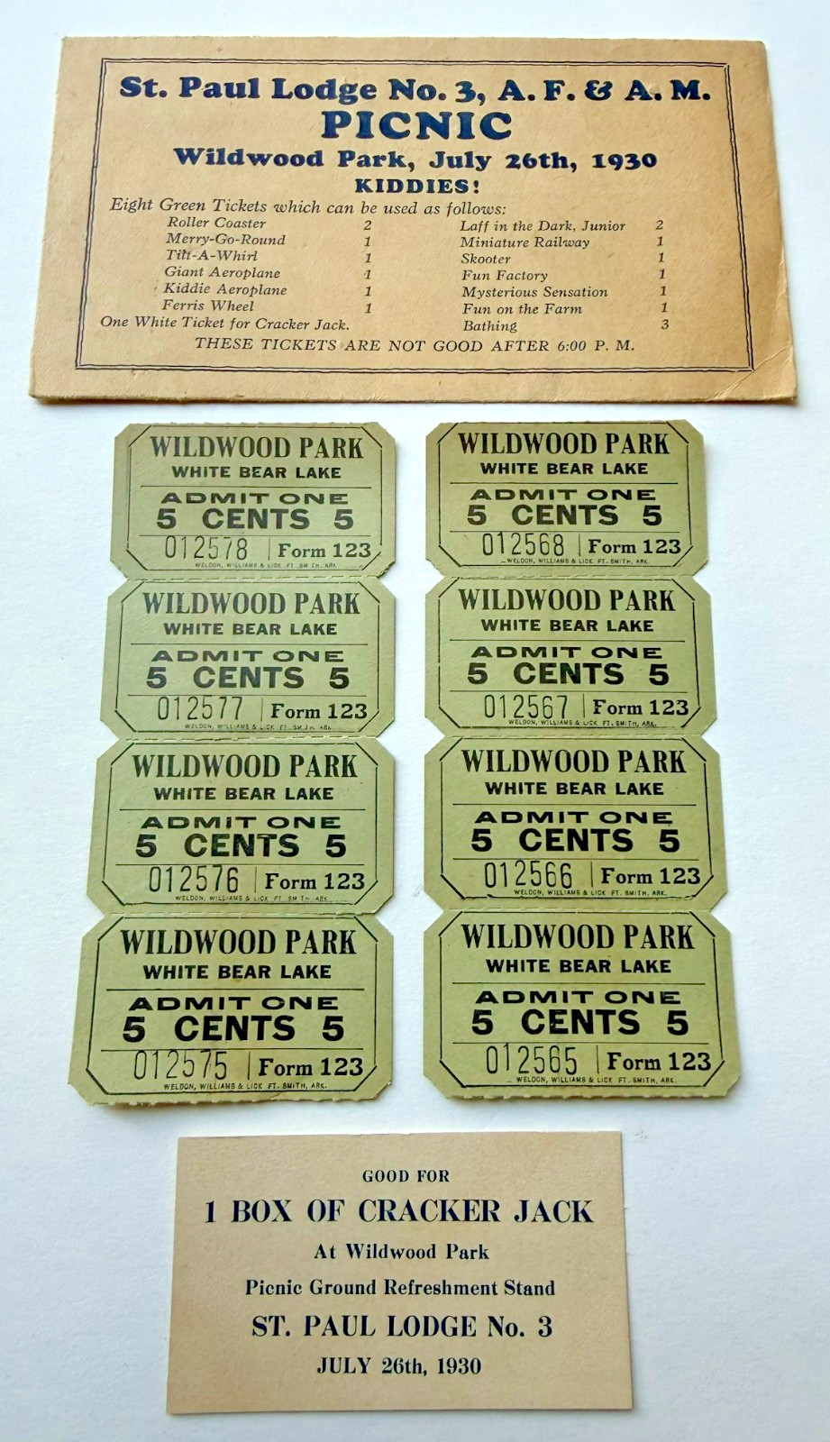 1930 Wildwood Park Amusement TICKET/CRACKER JACK PROMO White Bear Lake Minnesota