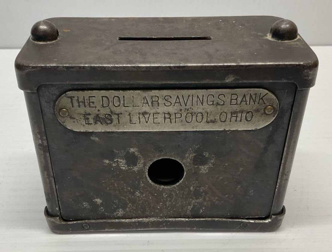 Antique Dollar Savings Bank East Liverpool Ohio Steel Coin Bank