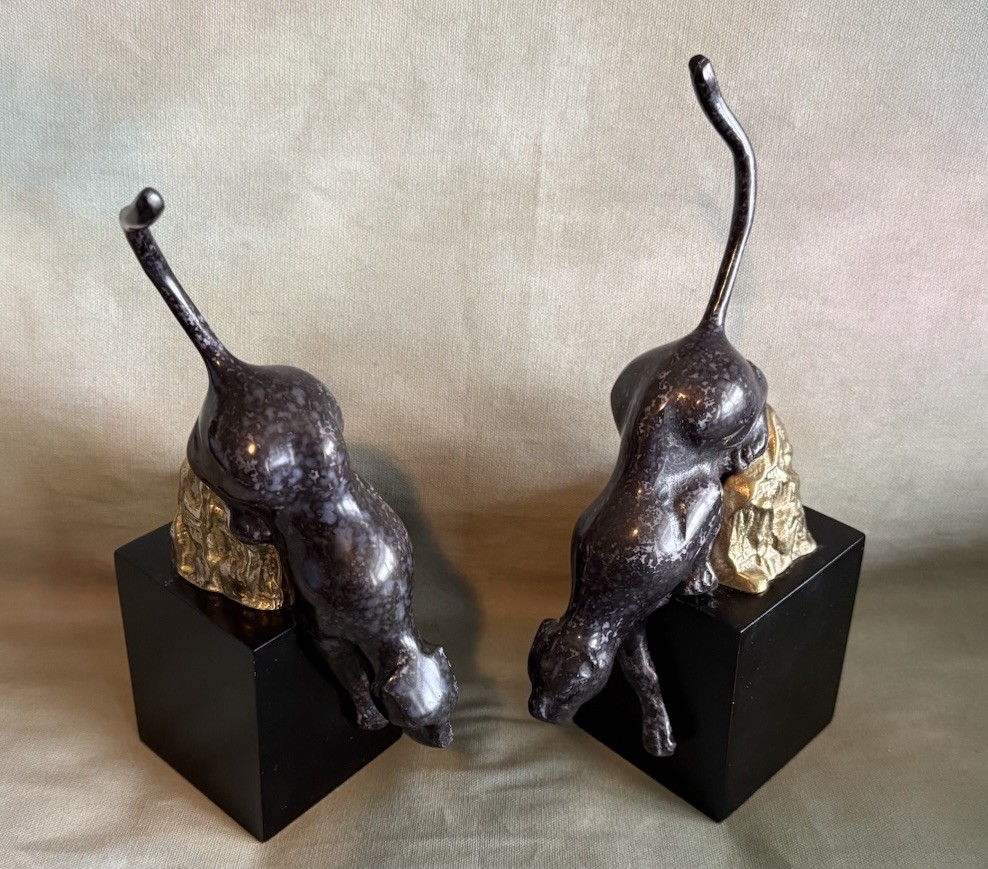 VTG Pair Of Enameled Brass Jaguars On Wood Pedestals Purple Gold & Black Wood