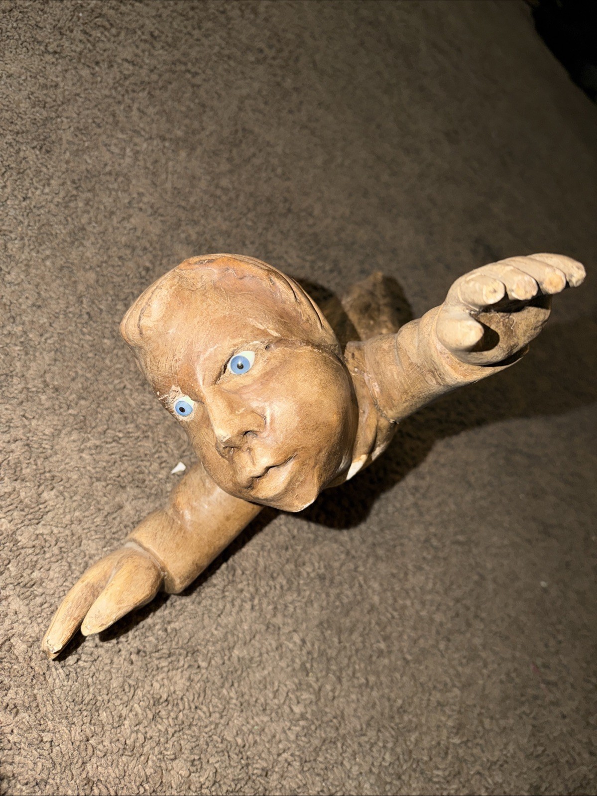 Antique Distressed Wooden Sculpture With Hanging Hook Angel Cherub Glass Eyes