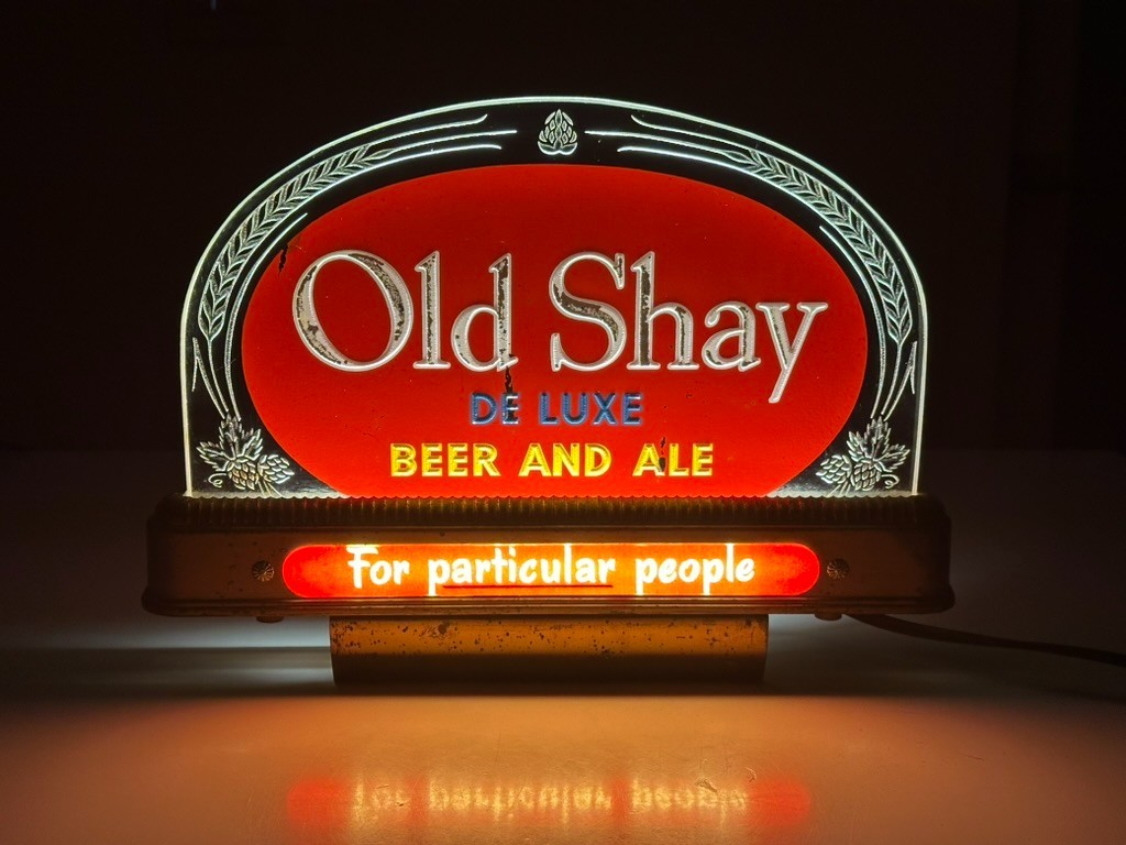 VTG 1940s Old Shay DeLuxe Beer Ale Reverse Glass Back Bar Lighted Sign Fort Pitt
